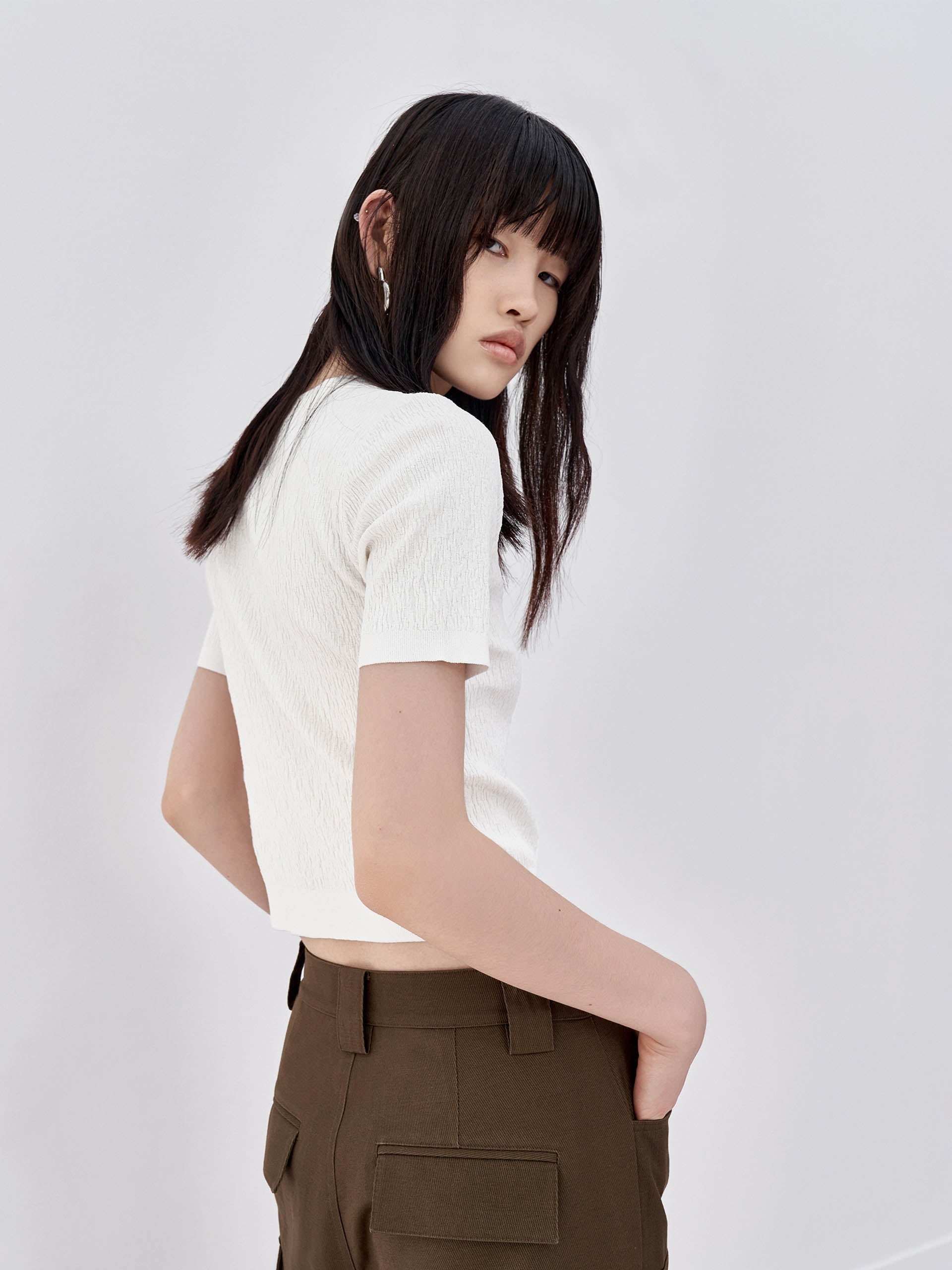 MO&Co. Women's Metal button Textured Sweater Fitted Casual green sweater