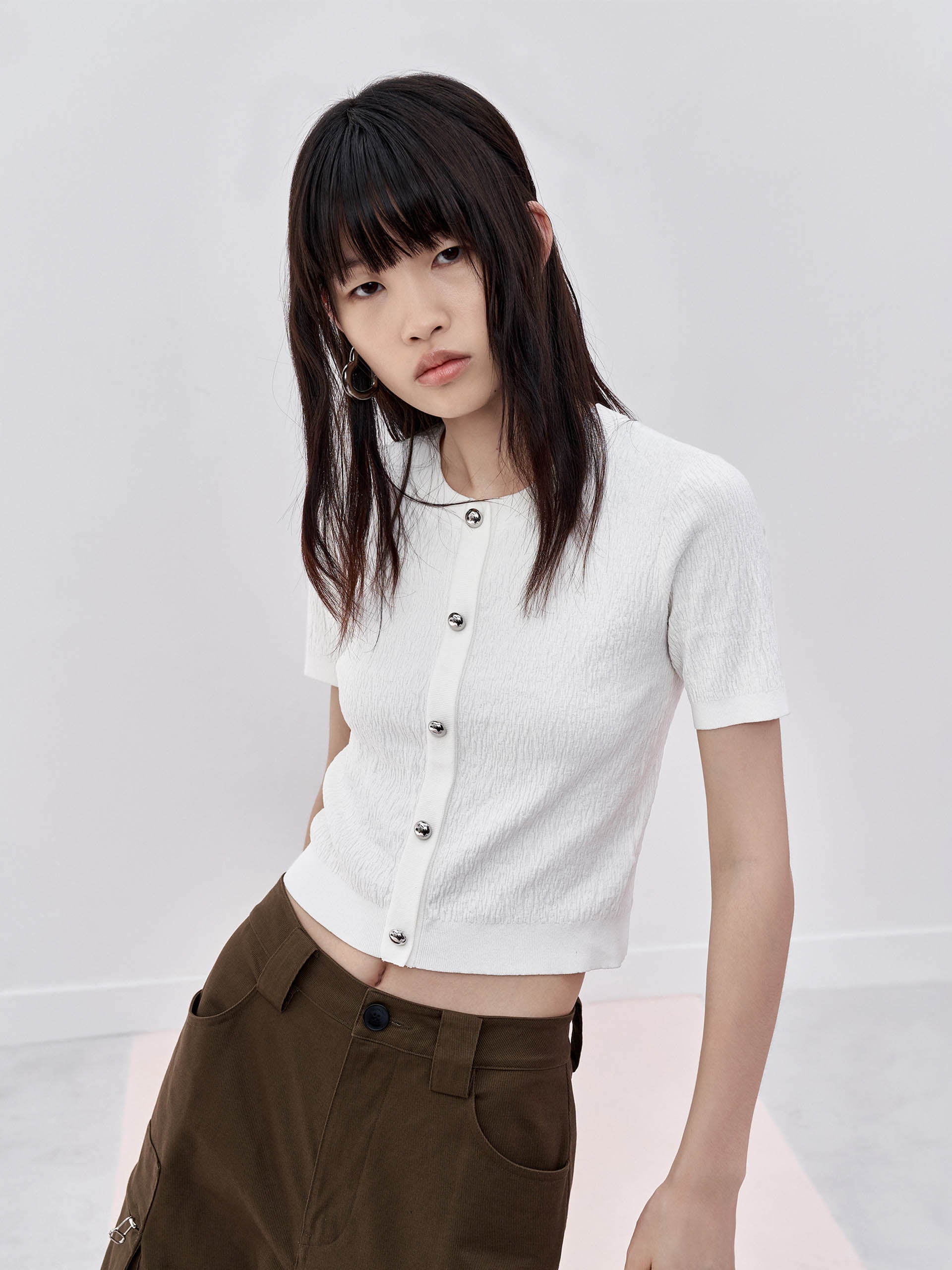 MO&Co. Women's Metal button Textured Sweater Fitted Casual green sweater