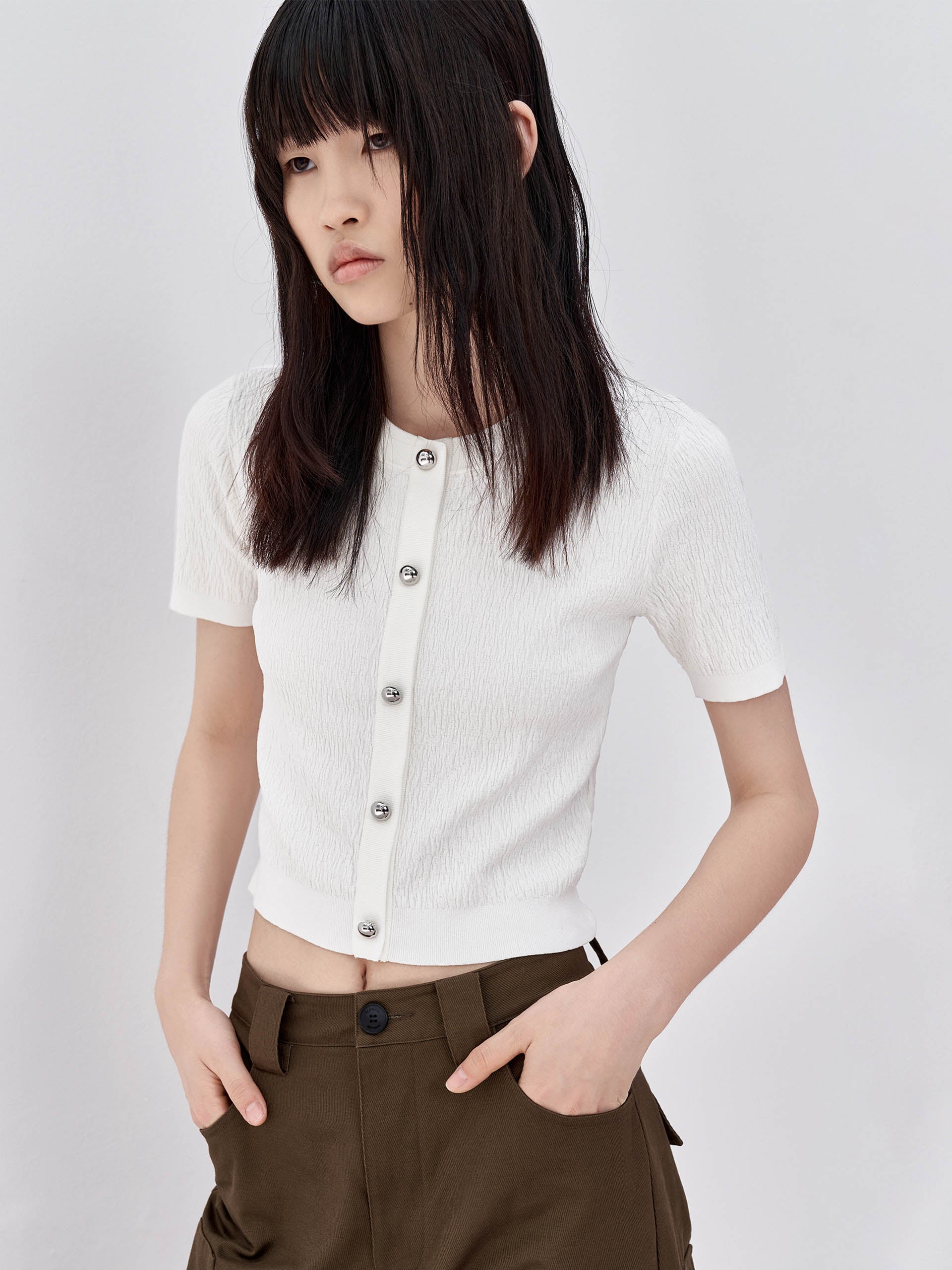 MO&Co. Women's Metal button Textured Sweater Fitted Casual green sweater