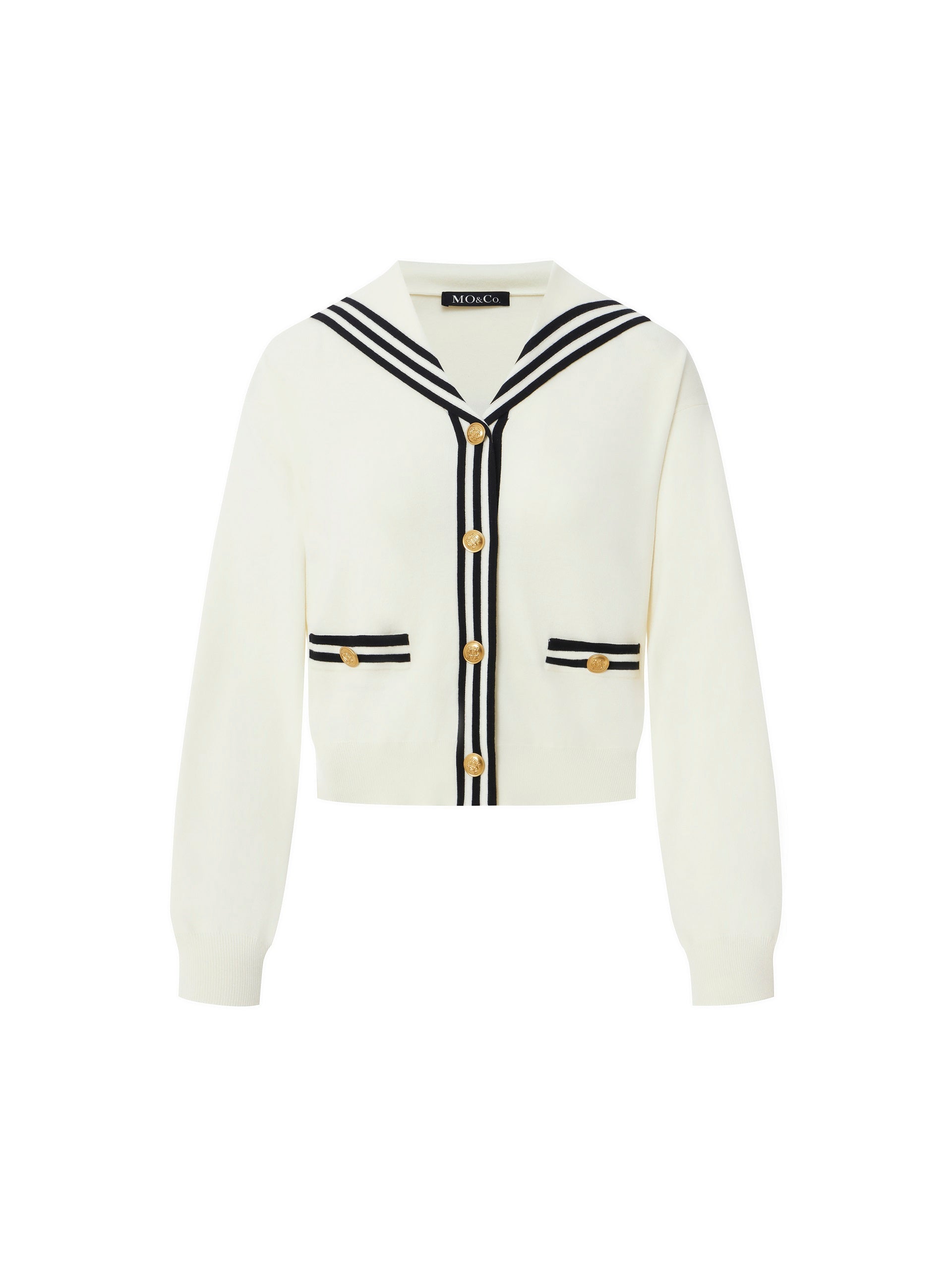 MO&Co. Women's Contrast Metal Button Knit Top Fitted Casual V Neck Beige Sweater