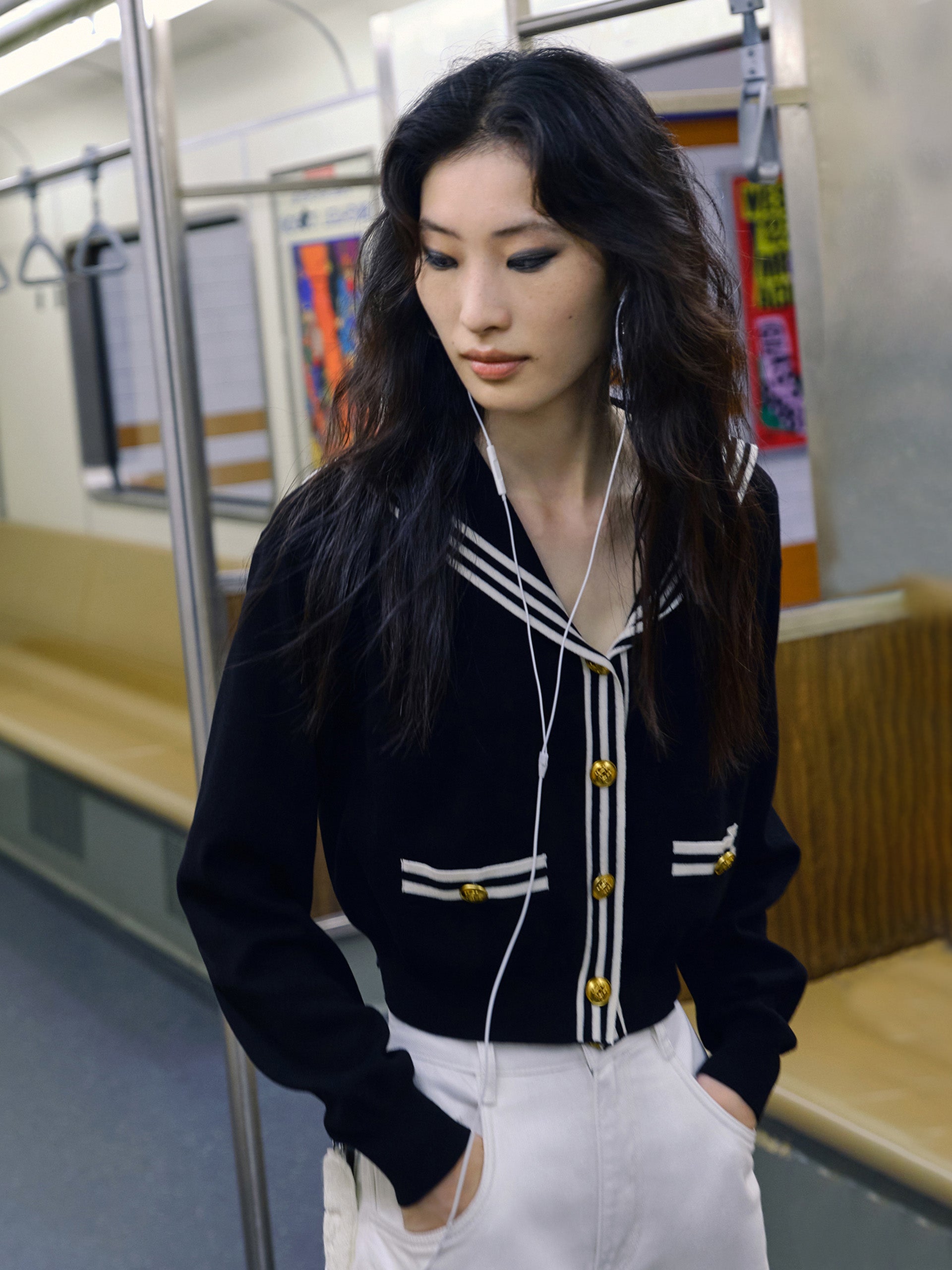 MO&Co. Women's Contrast Metal Button Knit Top Fitted Casual V Neck Beige Sweater