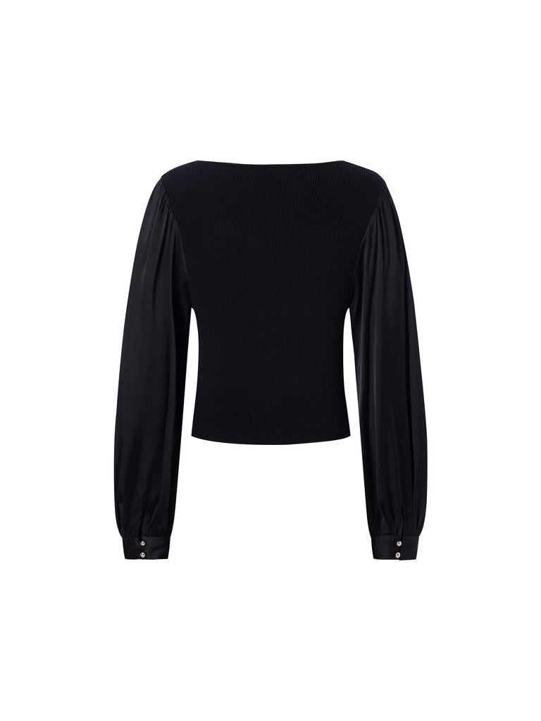 MO&Co. Women's Puff Sleeve Panel Top Fitted Casual Square Neck Black Tops For Women