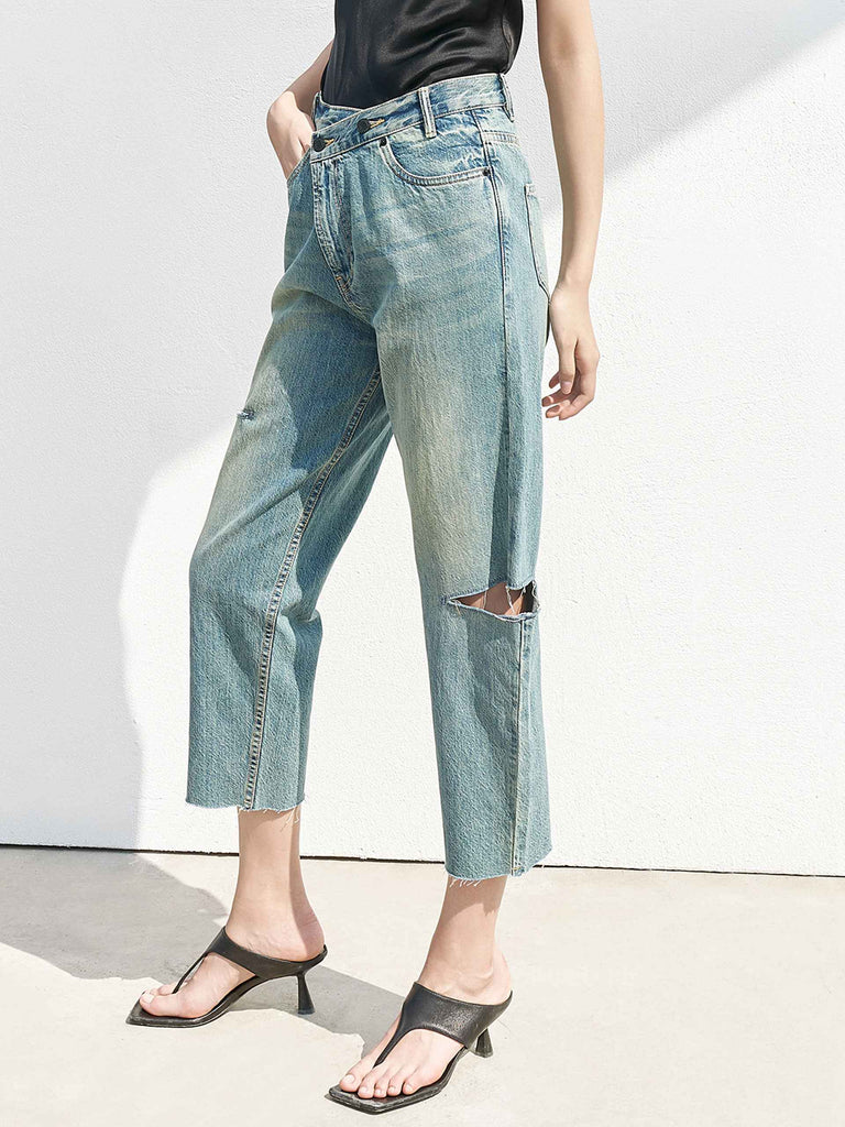 MO&Co. Women's Cotton Cut-out Jeans Fitted Cowboys Straight Fit Summer Jeans