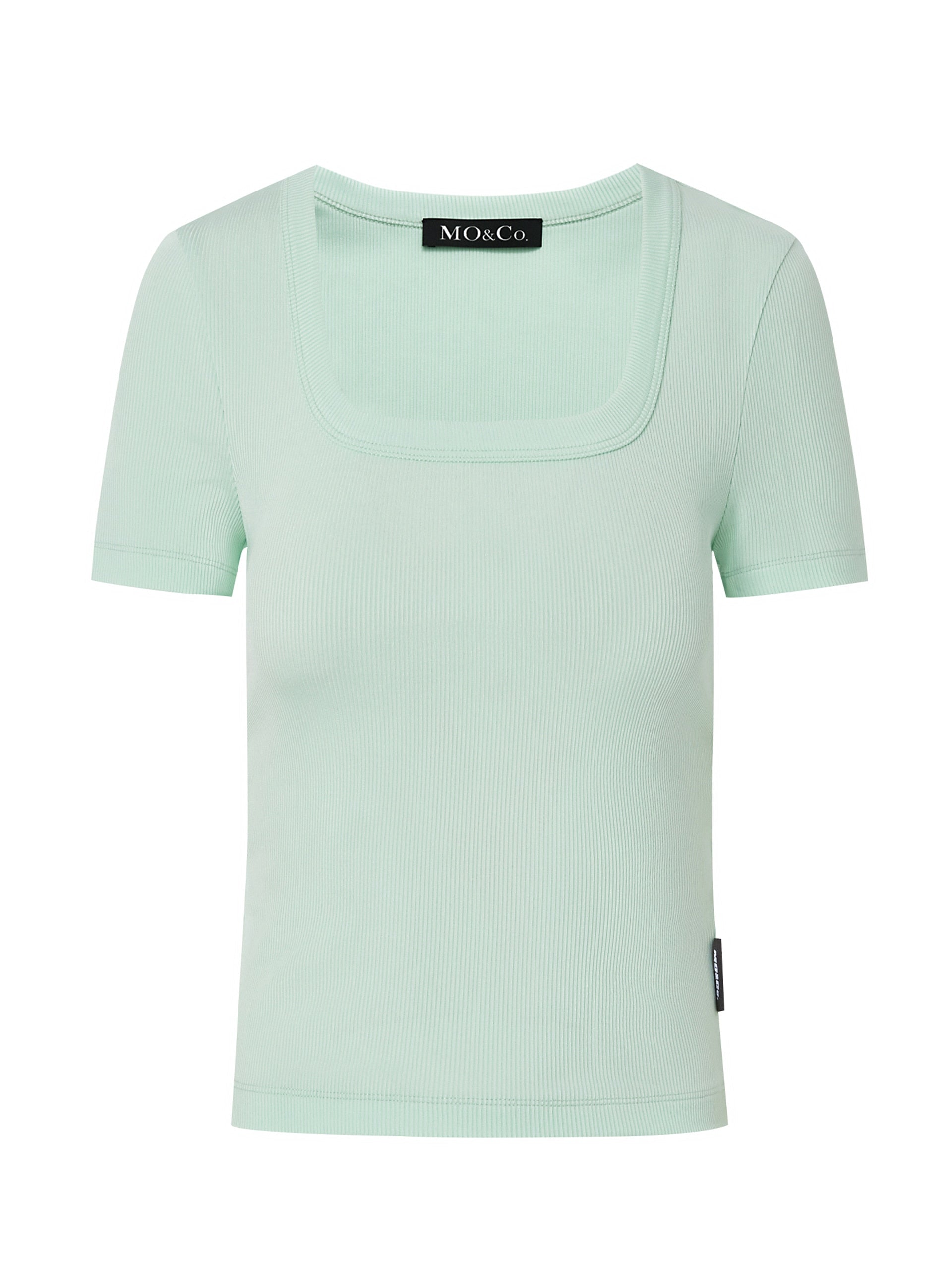 MO&Co. Women's Ribbed Textured Slim Fit T-shirt Fitted Casual Round Neck Black