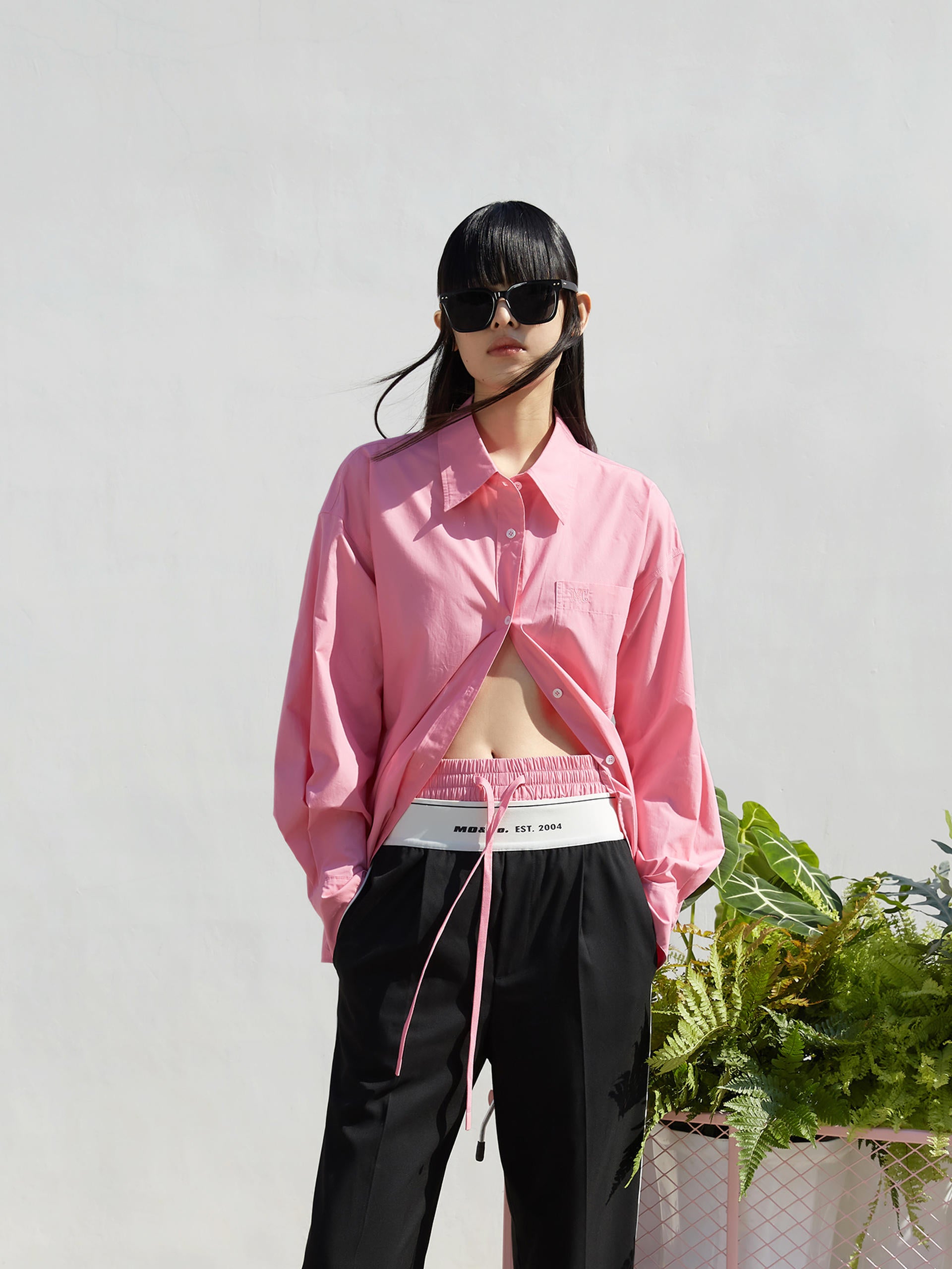 Contrast Trim Cotton Oversized Shirt in Pink