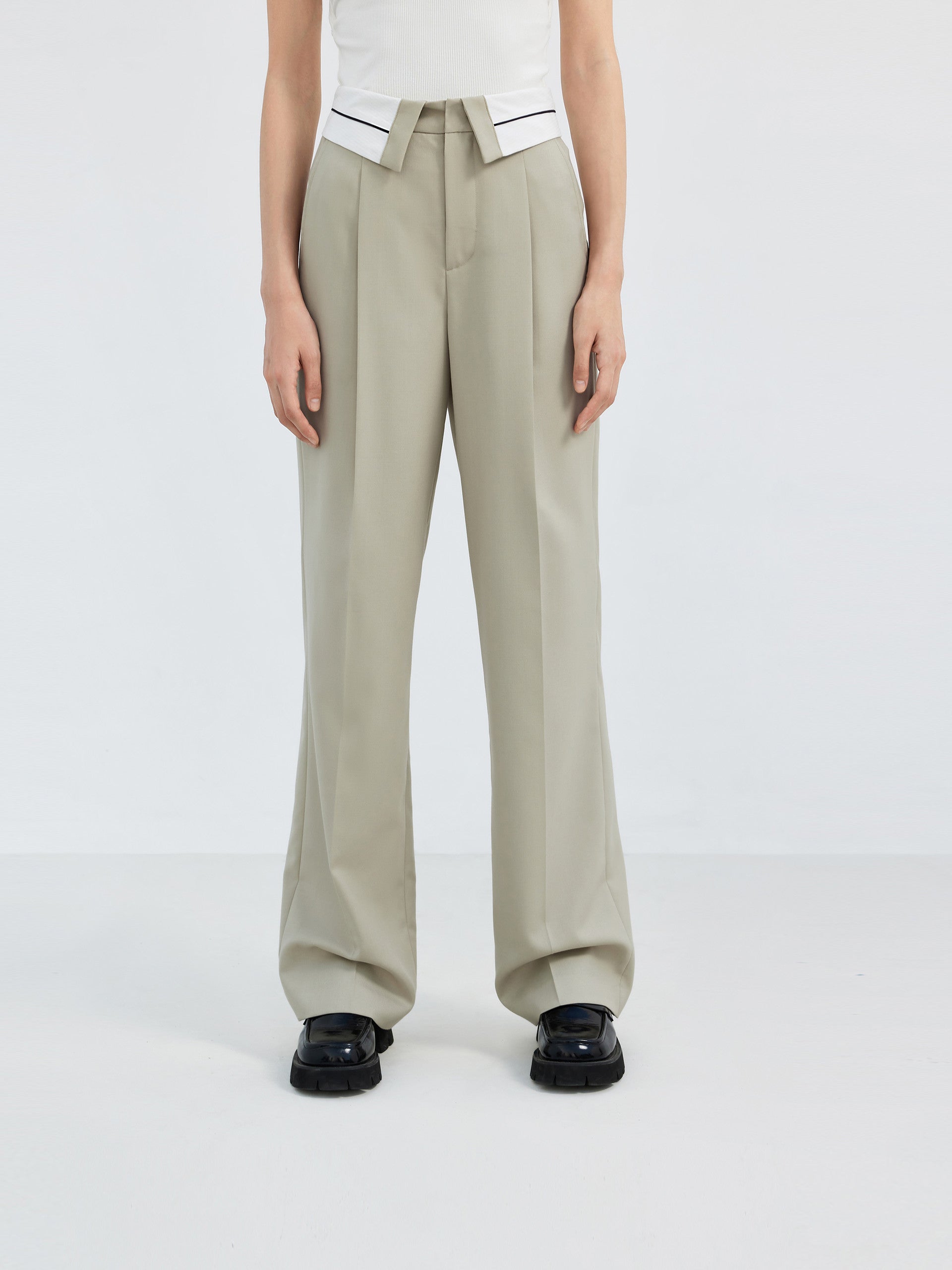 Wool blend Straight Flipped waistband Suit Pants in Khaki