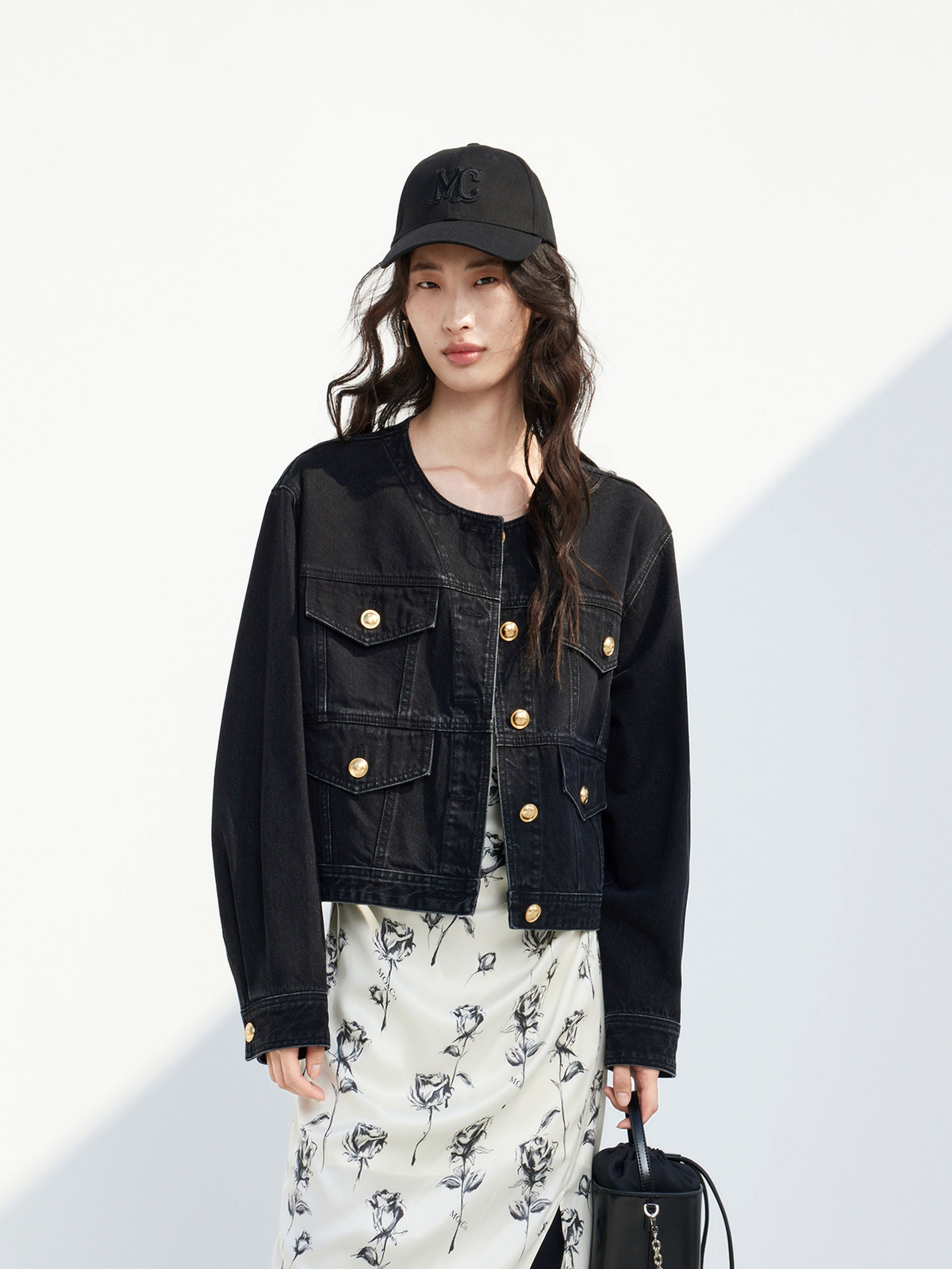 Collarless Cotton Denim Cropped Jacket in Black