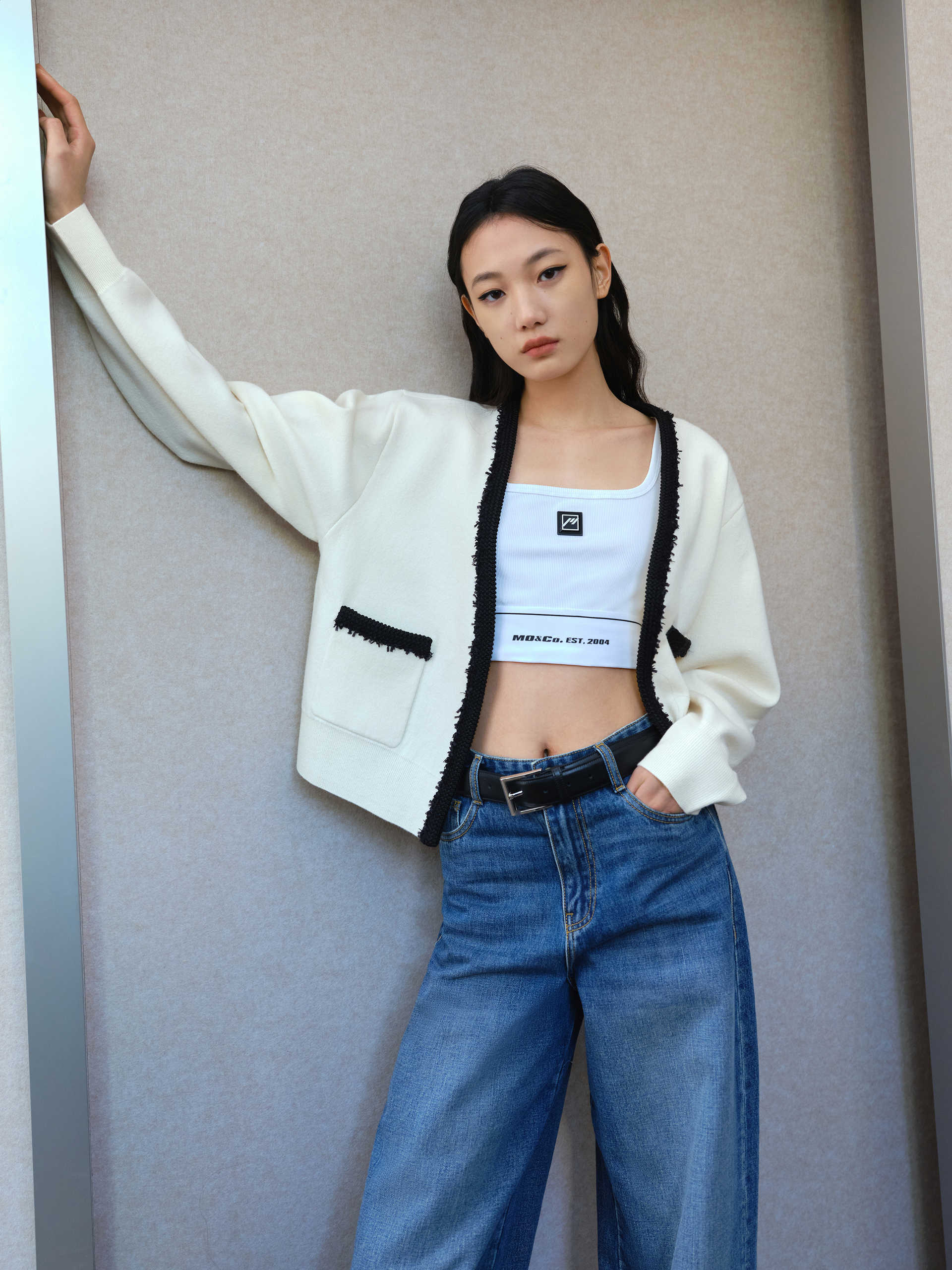 V-neck Contrast Wool Blend Cropped Knit Cardigan in Beige