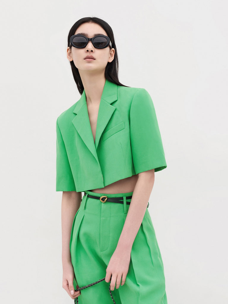 Women's Cropped Boxy Short Sleeves Summer Blazer in Green