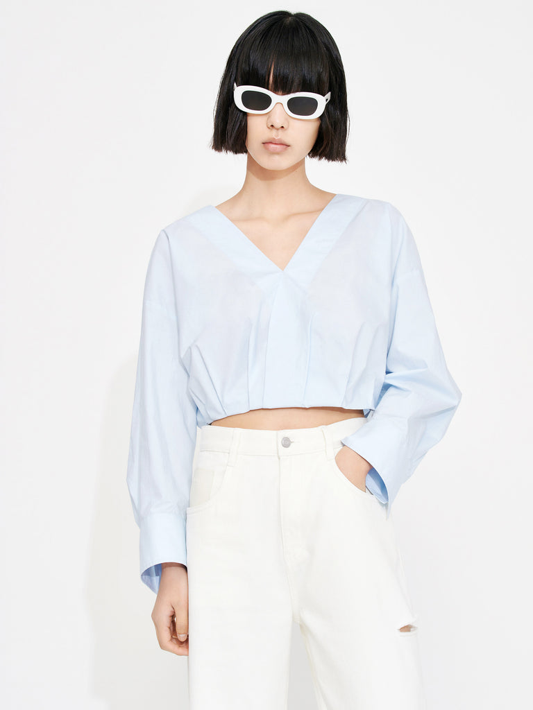 Women's Cropped V-neck Cotton Top in Light Blue