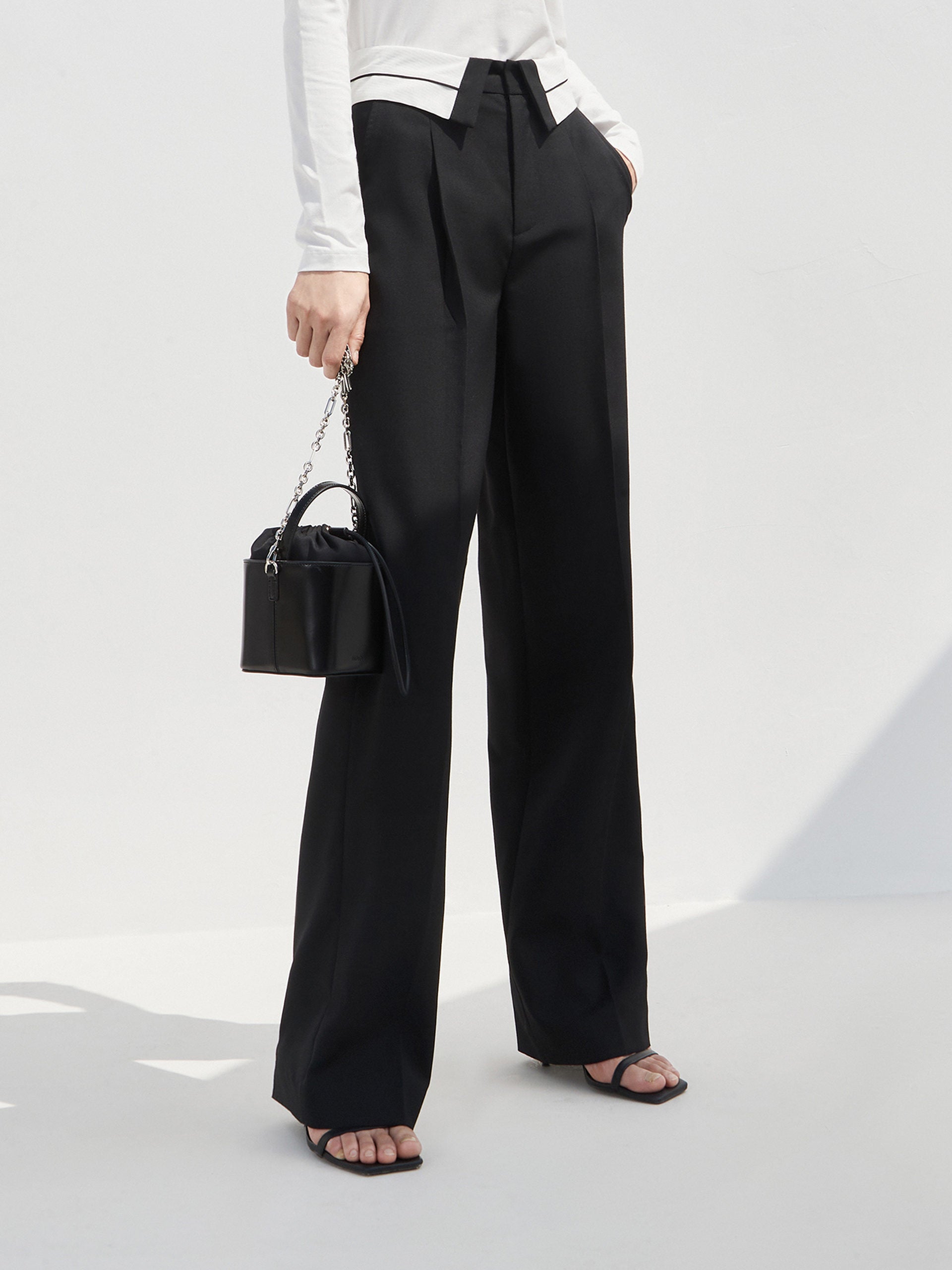 Wool blend Straight Flipped waistband Suit Pants in Black