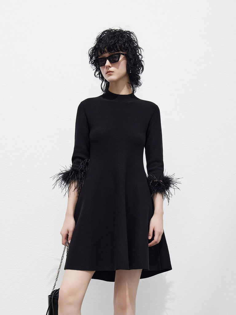 High Neck A-line Little Black Dress with Feather Trims