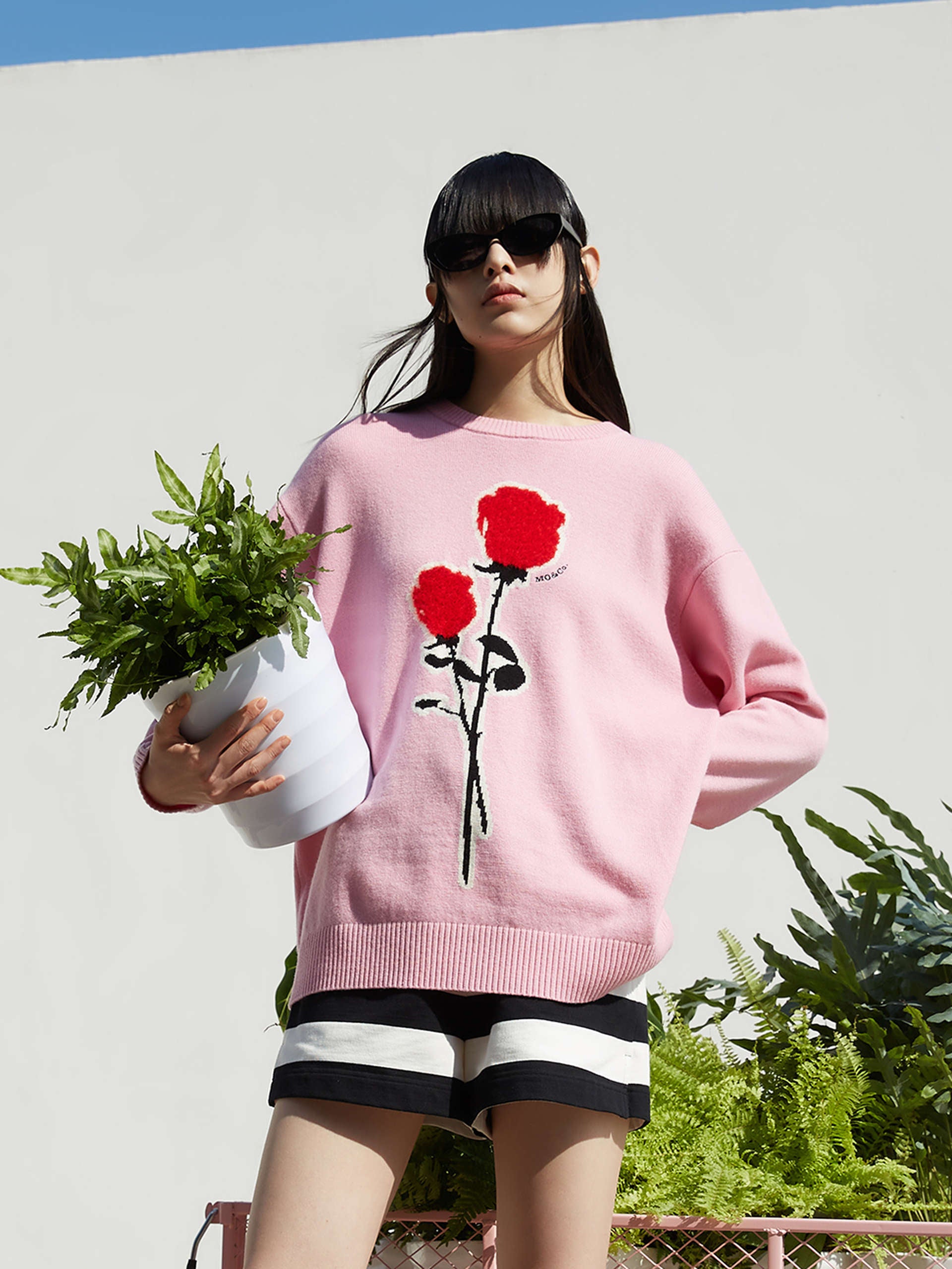 Pink Rose Embroidered and Jacquard Wool Sweater Pullover