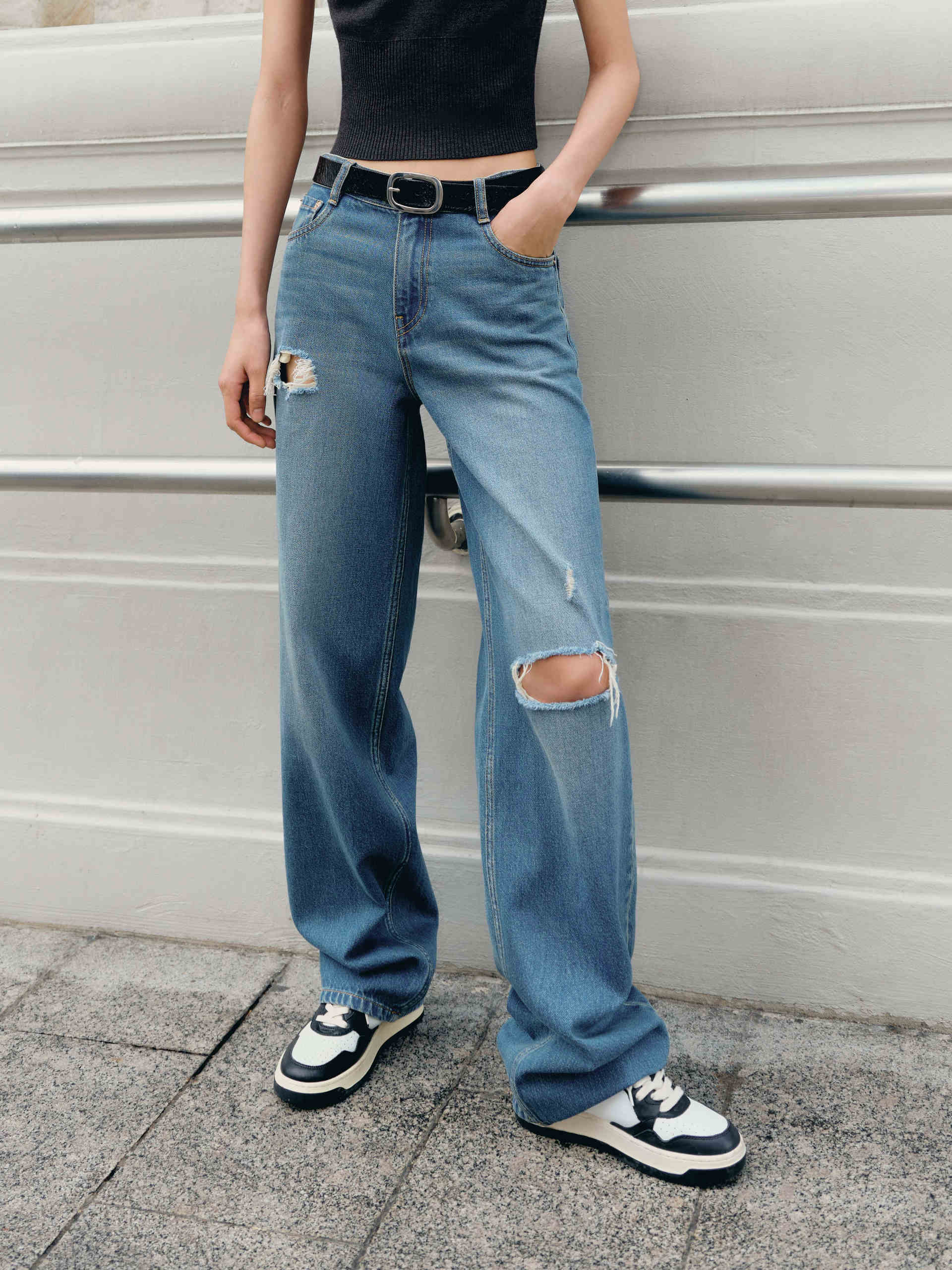 Ripped Straight Leg Destroyed Cotton Jeans