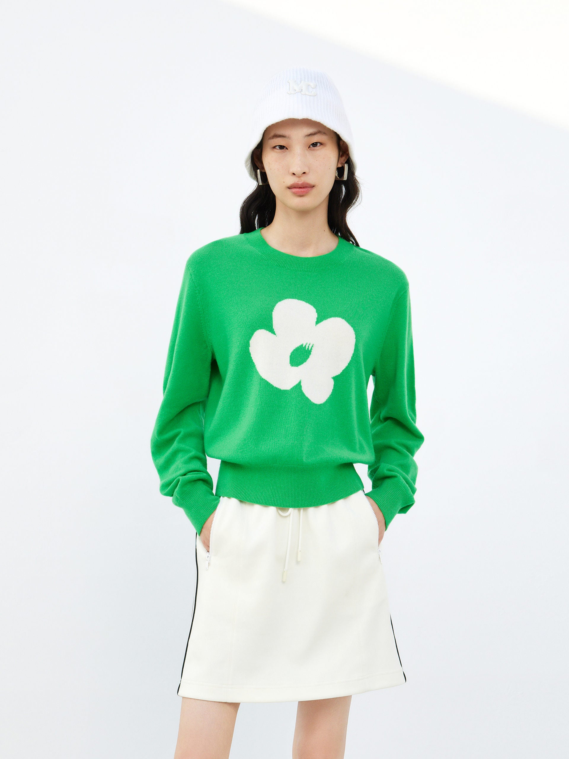 Floral Jacquard Wool Sweater Pullover in Green