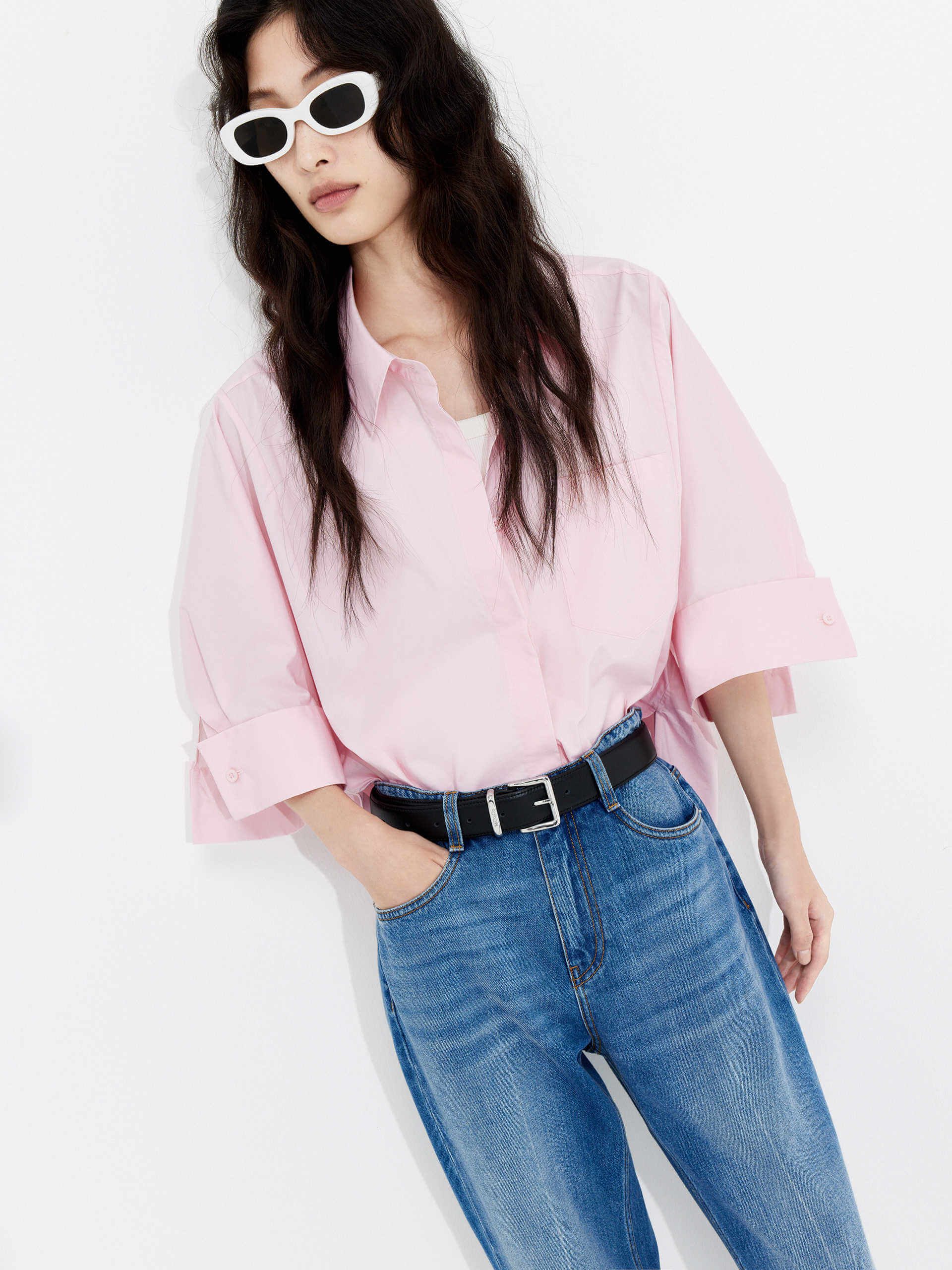 MO&Co. Women's Loose-fit Cotton Blend 3/4 Sleeves Shirt in Pink