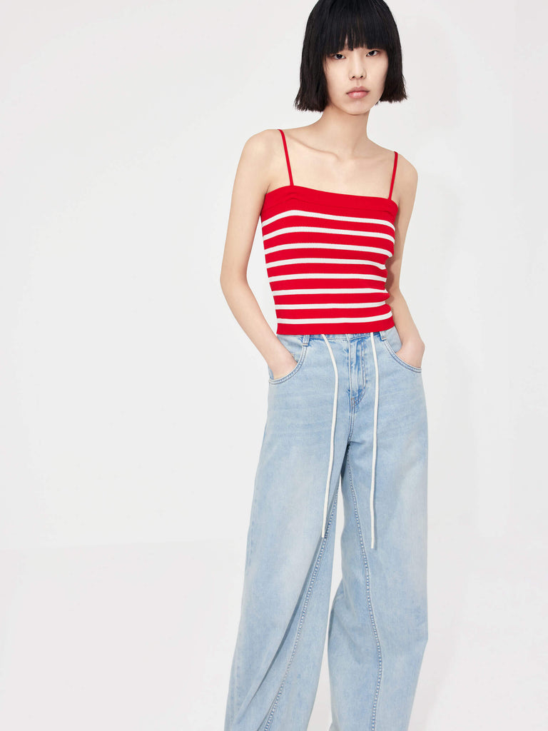 MO&Co. Women's Slim Fit Strap Spaghetti Top in Red and White Stripe 