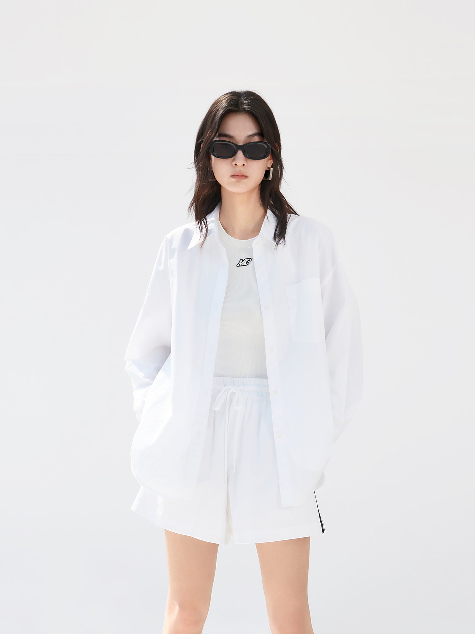 Contrast Trim Cotton Oversized Shirt in White