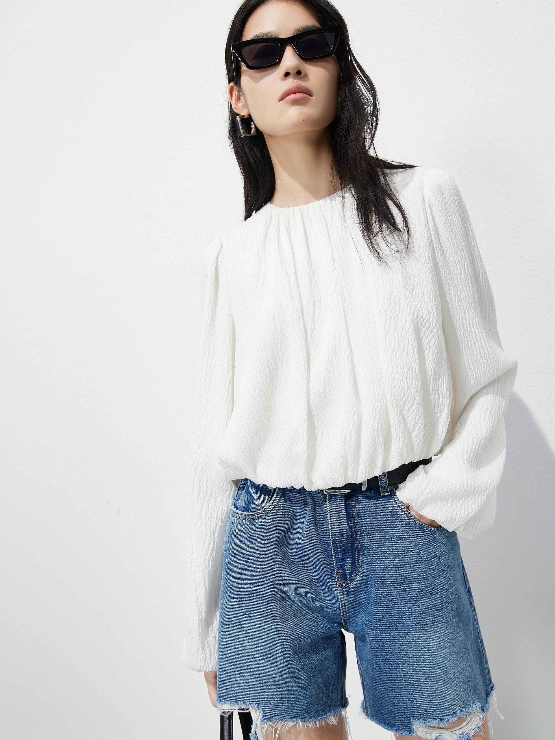 Silk-blend Texture Crop White Volume Sleeves Top