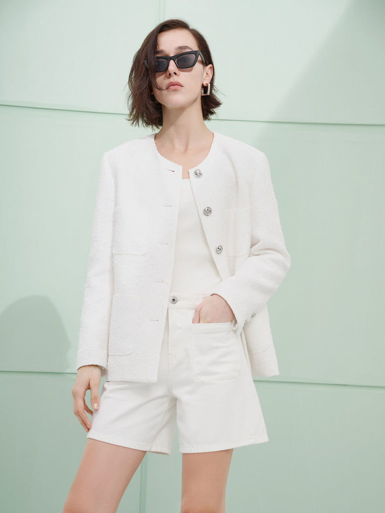 White Cotton Blend Chic Collarless Boxy Tweed Jacket