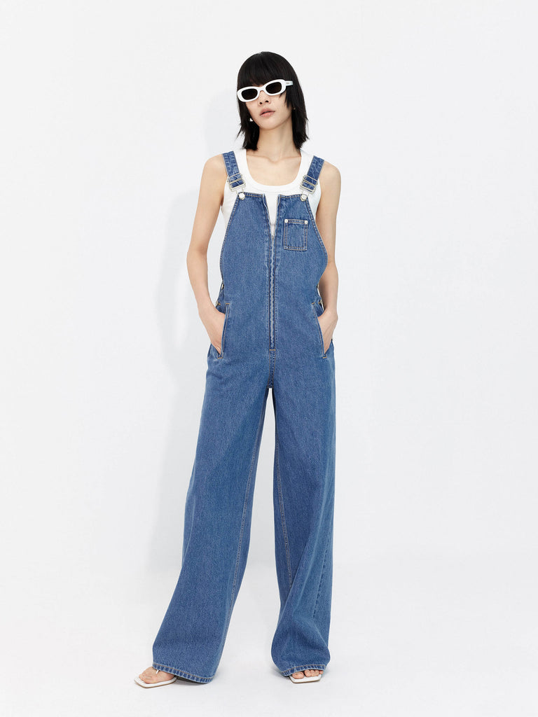 MO&Co. Women's Zipper Front Casual Streetwear Blue Denim Jumpsuit
