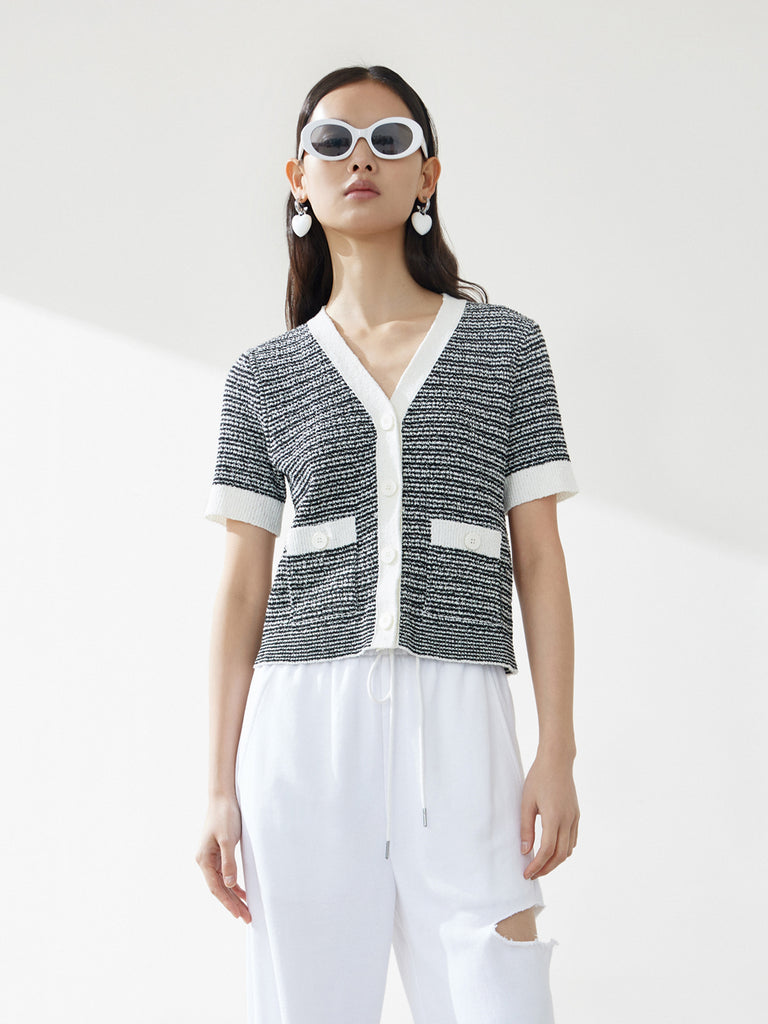MO&Co. Women's Contrast Short Sleeves Knitted Cardigan for Spring Summer Casual in Textured Black and White