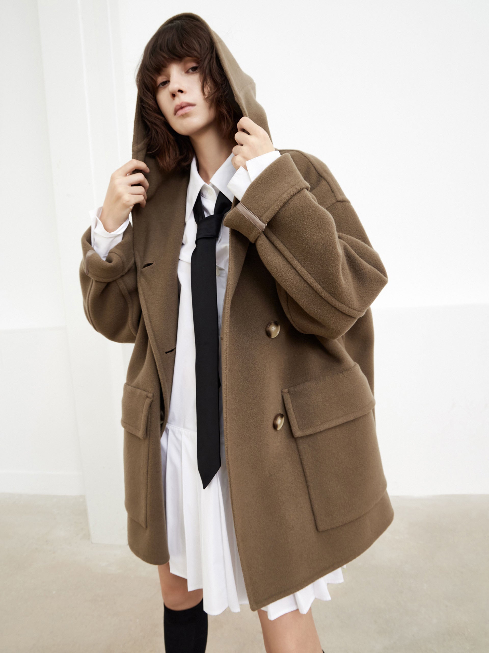 MO&Co. Women's Wool Blend Hooded Midi Coat in Olive