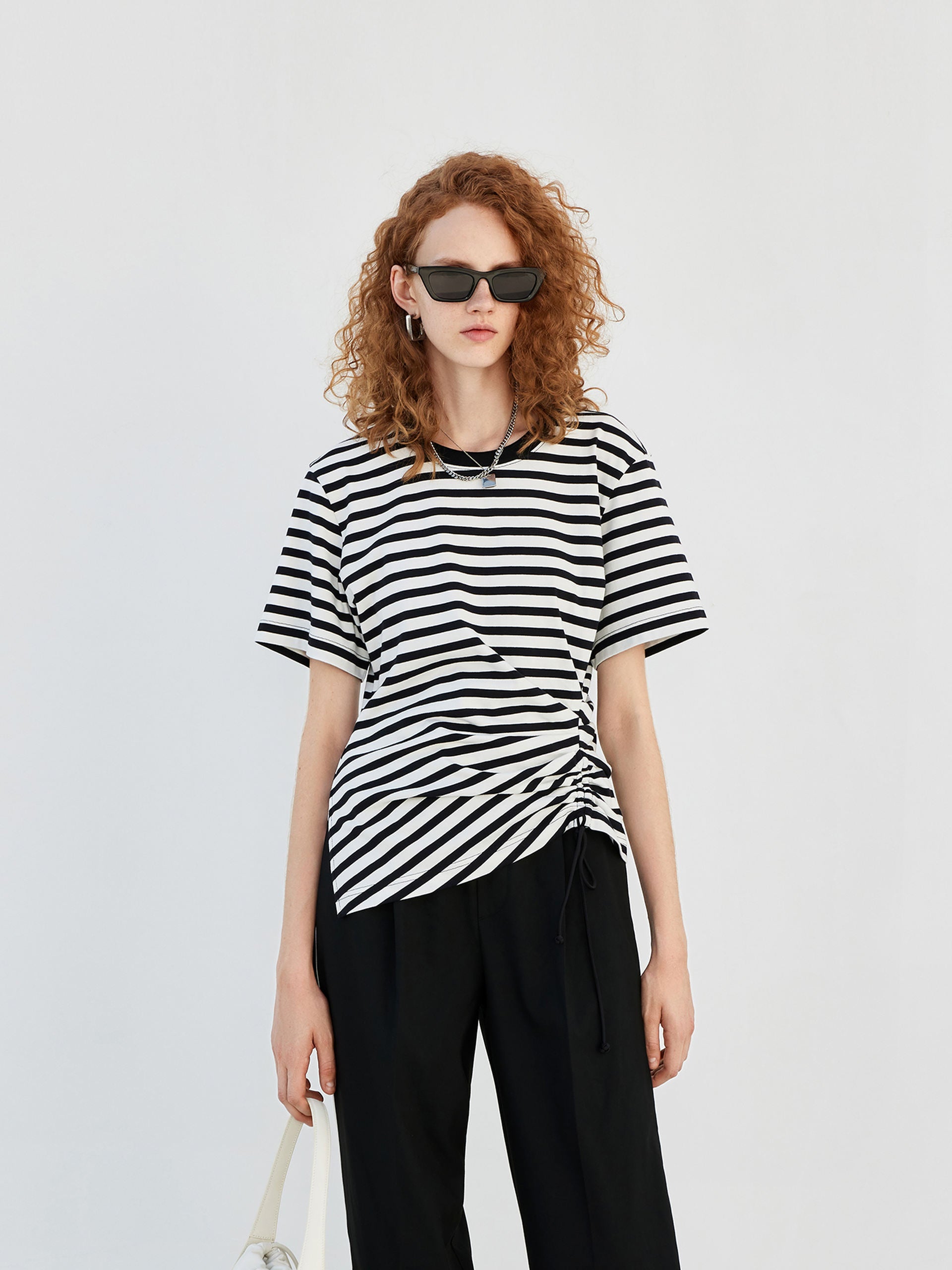 Striped Drawstring Detail Short Sleeves T-shirt