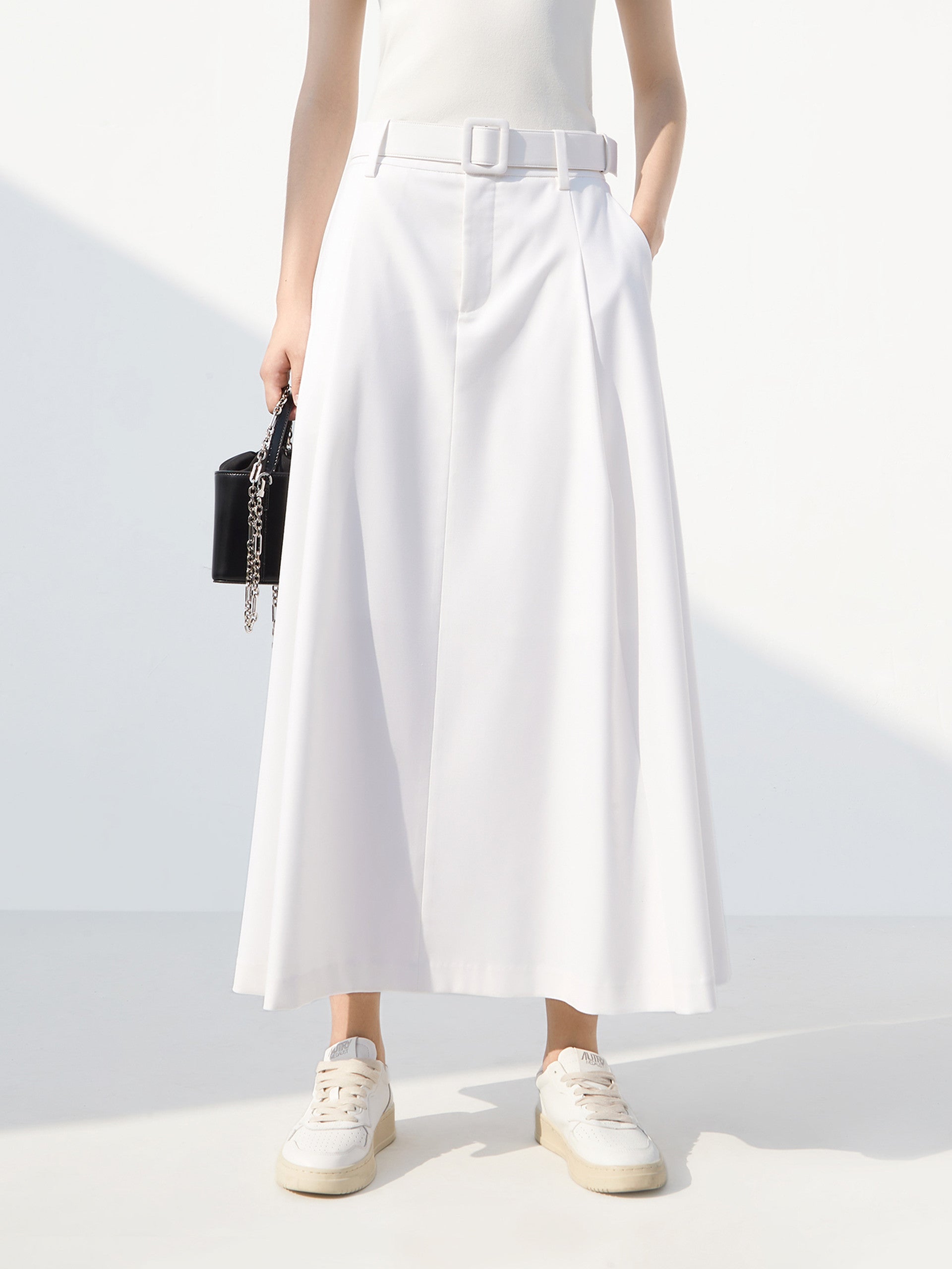High Waist A Line Midi Skirt with belt in White