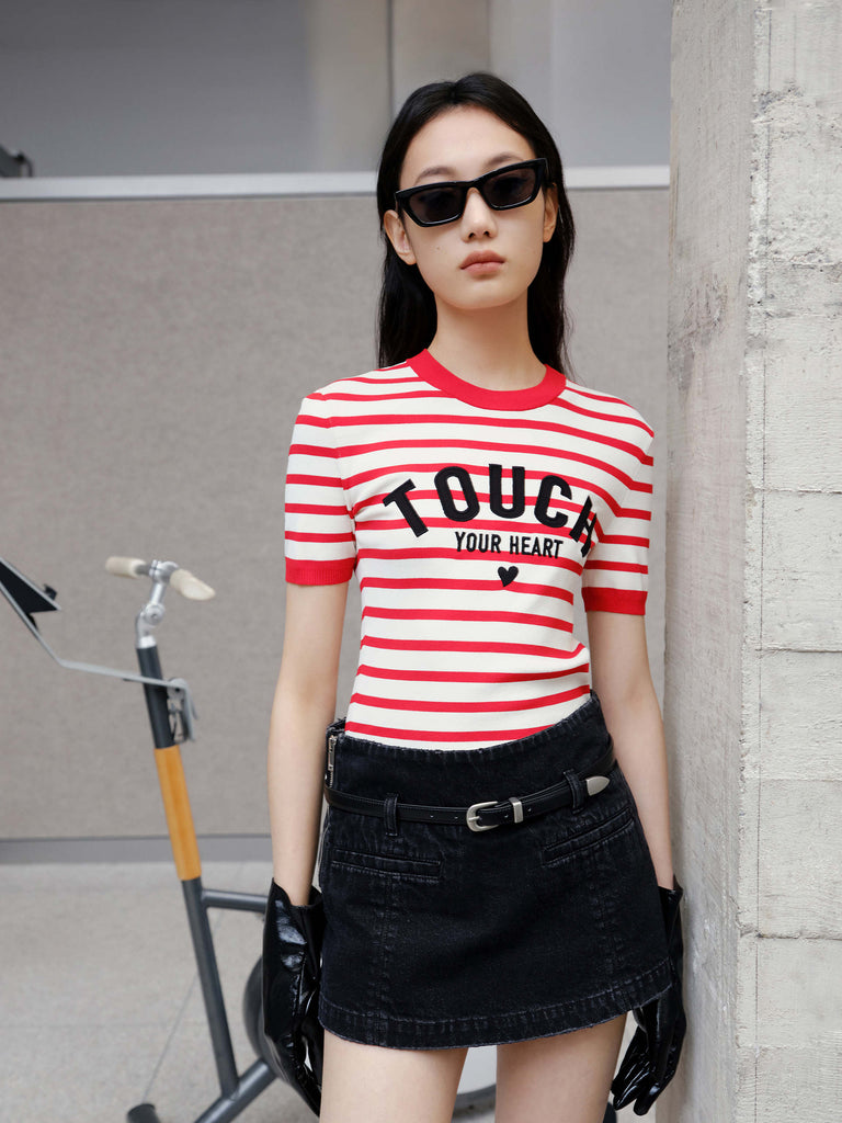Embroidered Knitted Striped Cropped Red Top