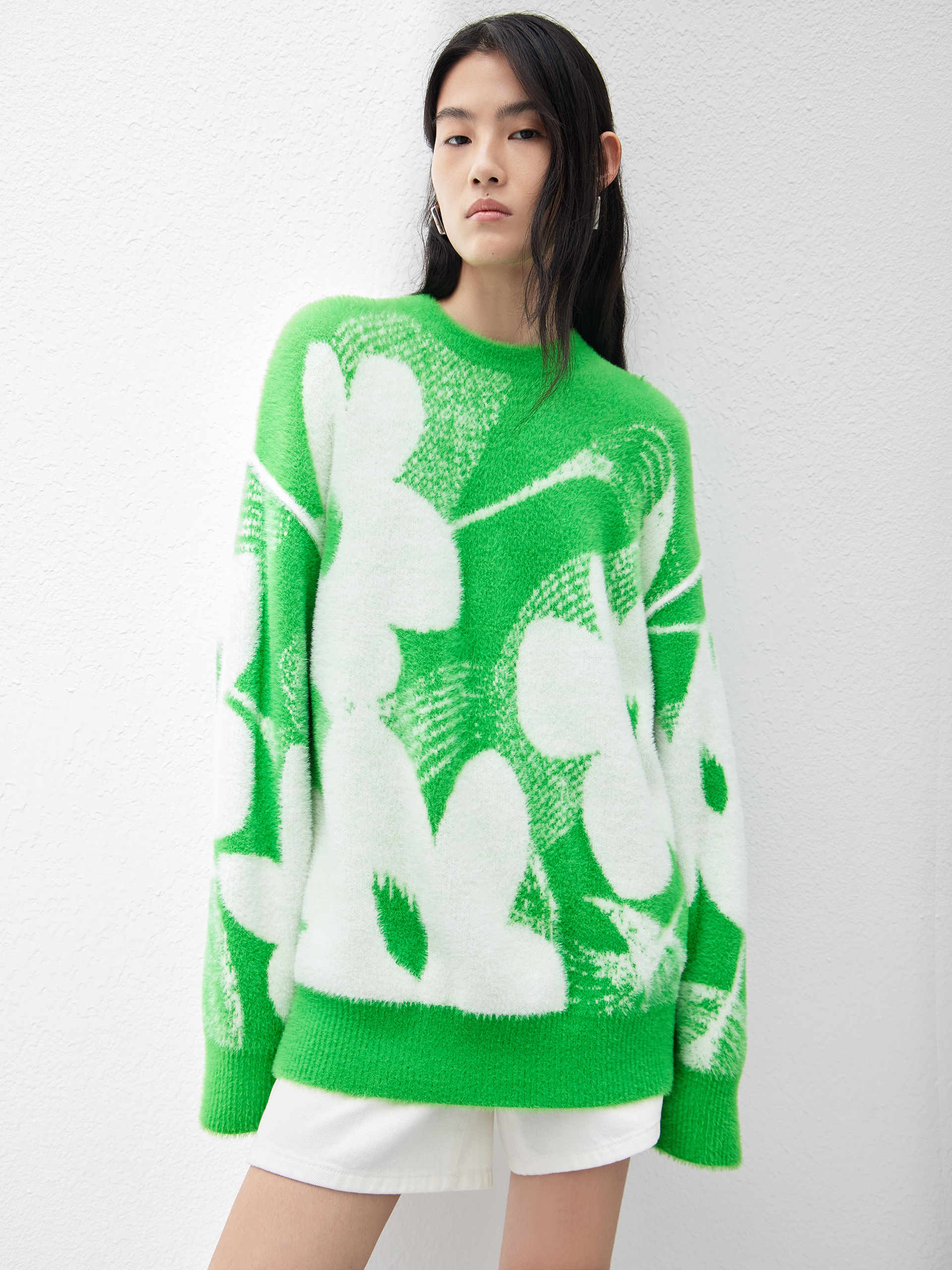 Soft Textured Floral Pattern Jacquard Sweater Pullover in Green