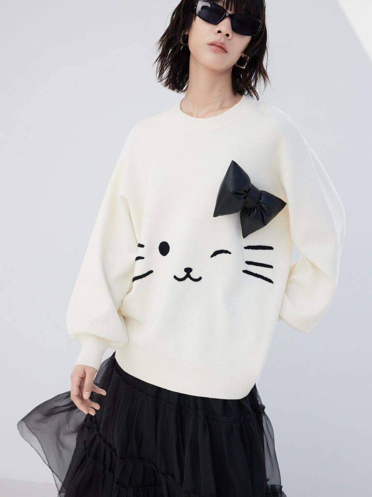 Wool Blend Detachable Bow Cat Jacquard Sweater Pullover in Beige