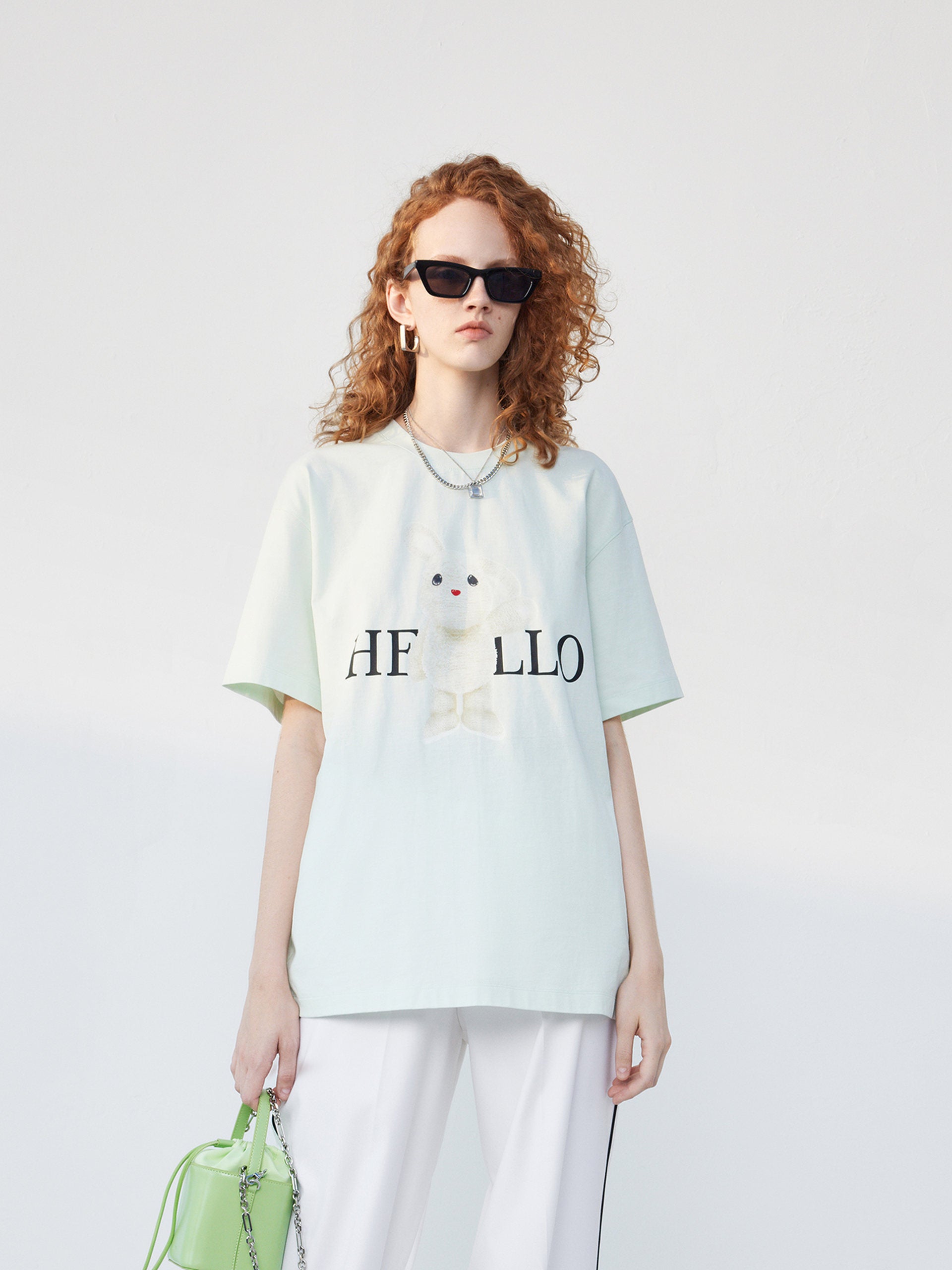 Short Sleeves Rabbit Pattern Cotton Relaxed Fit Causal T-shirt in Mint