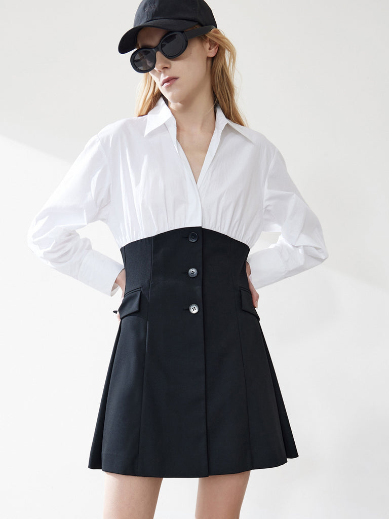 MO&Co. Women's Contrast Cotton Shirt Dress is perfect for business causal looks, Mini length with A-line silhouette