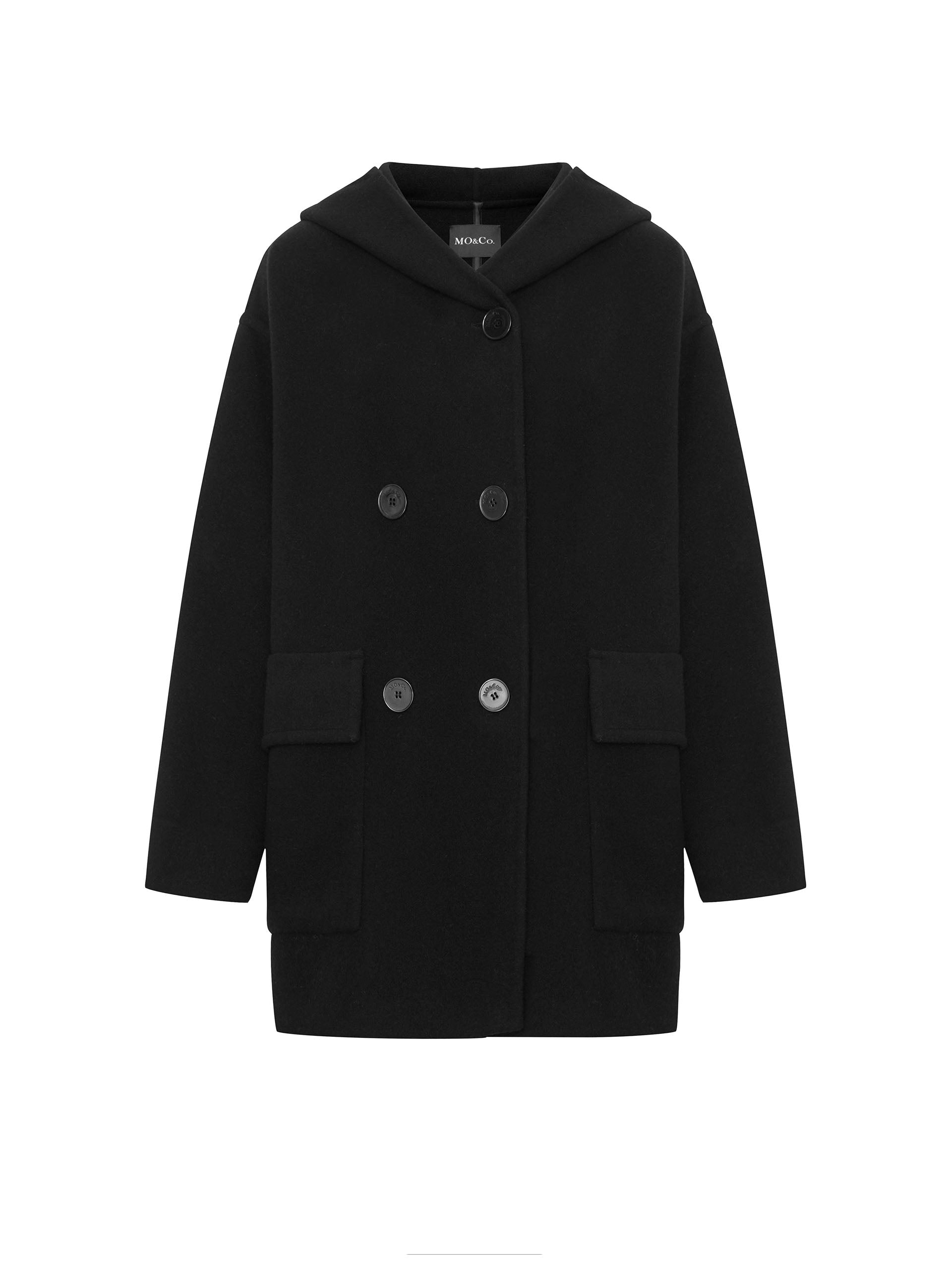 MO&Co. Women's Wool Blend Hooded Midi Coat in Black