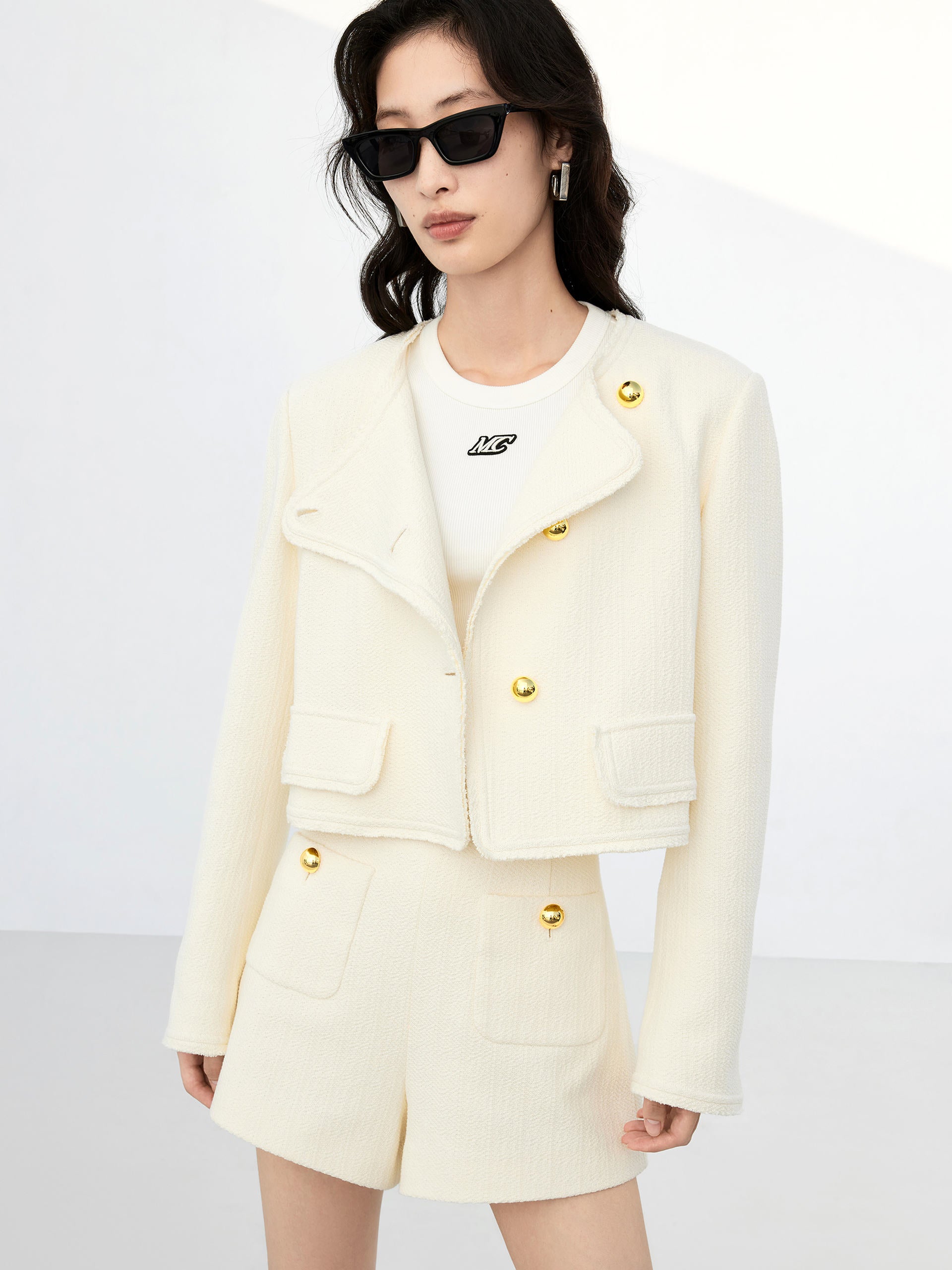 Collarless Metal Button Cropped Jacket in Beige