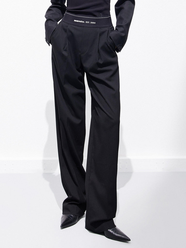 Elasticated Waist Wide-leg  Straight Trousers in Black