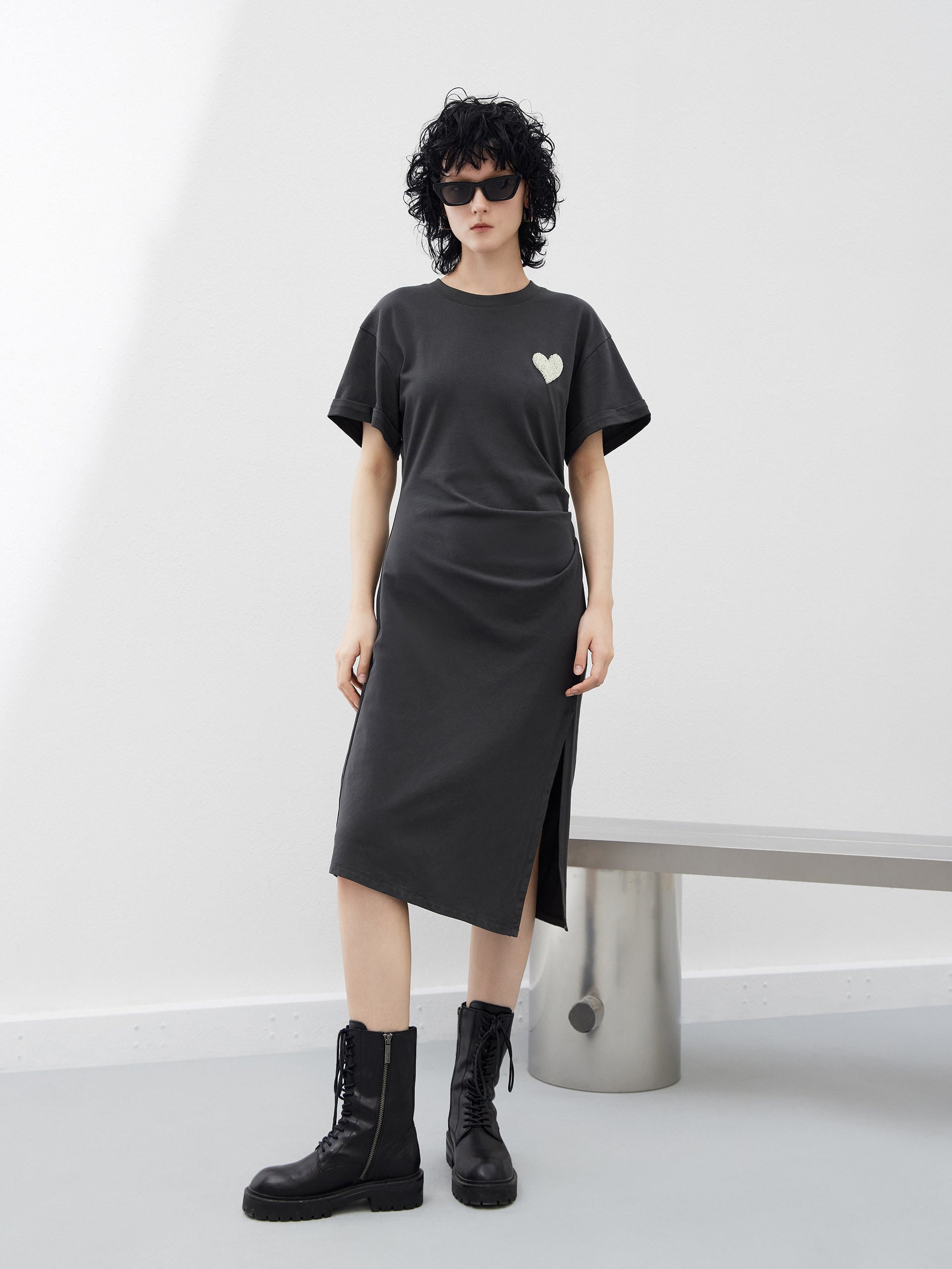 Pleated Sequin Details Casual Grey Dress