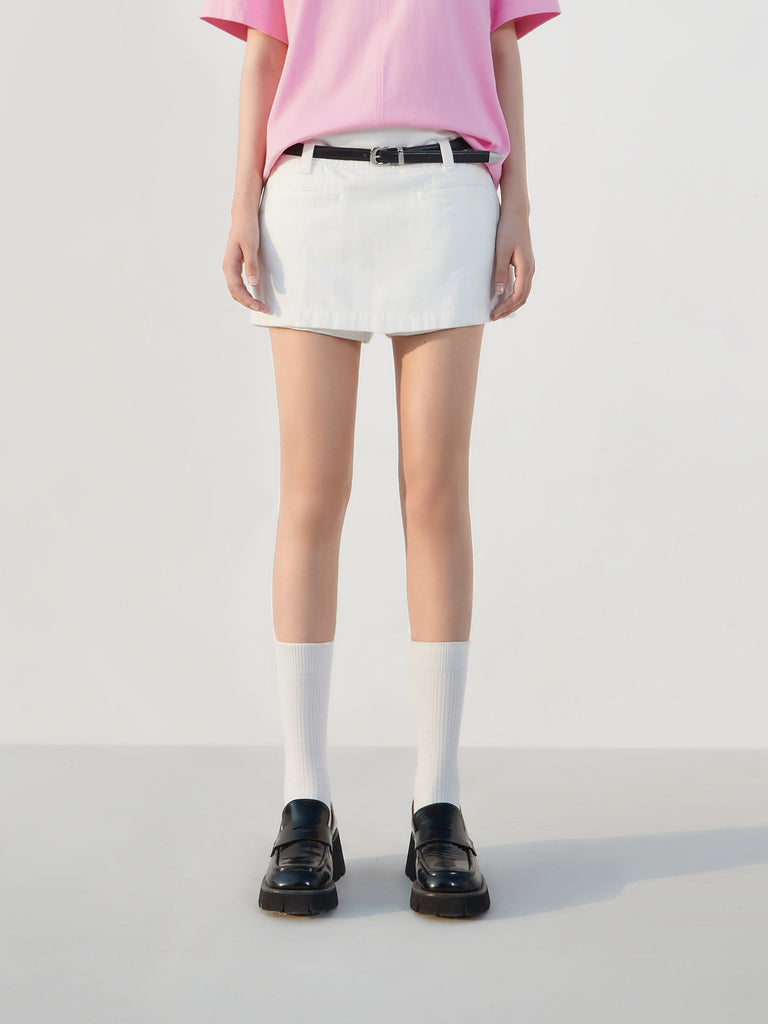 Side Zip White Denim Mini Shorts with Belt