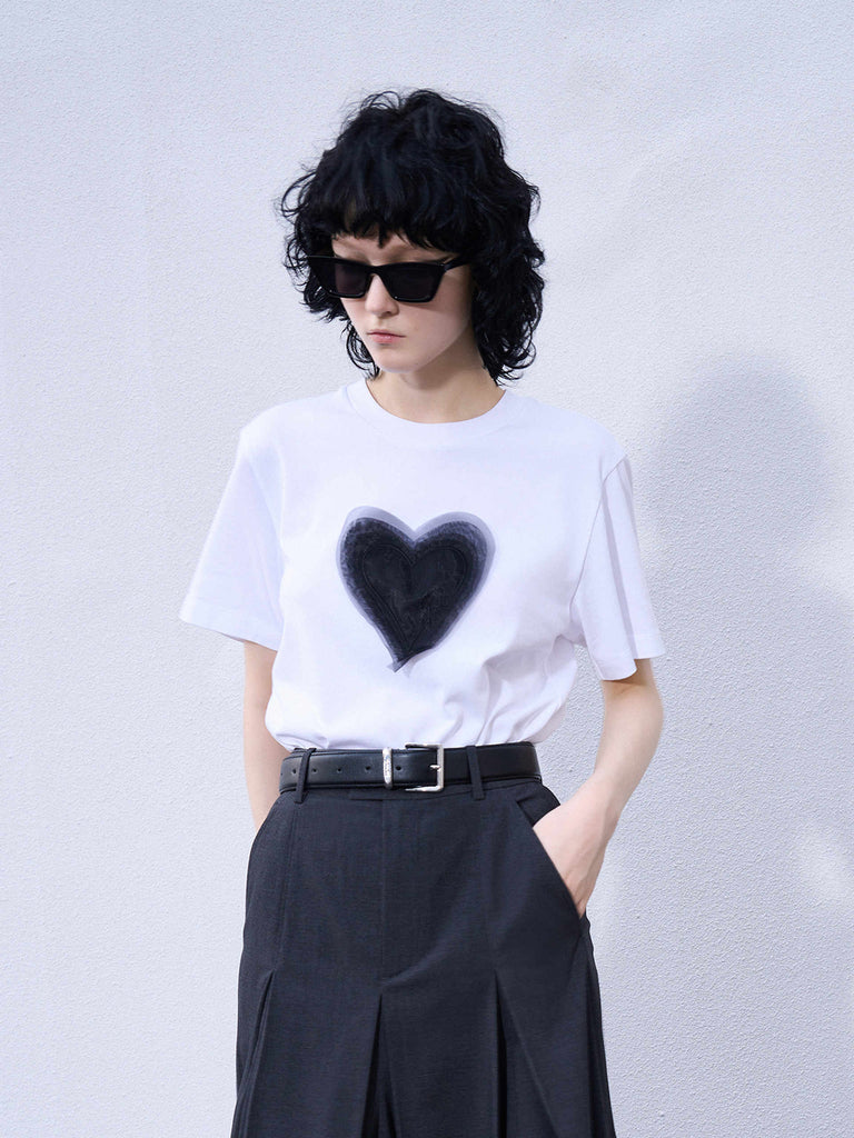 Heart Pattern Round Neck White Cotton T-shirt