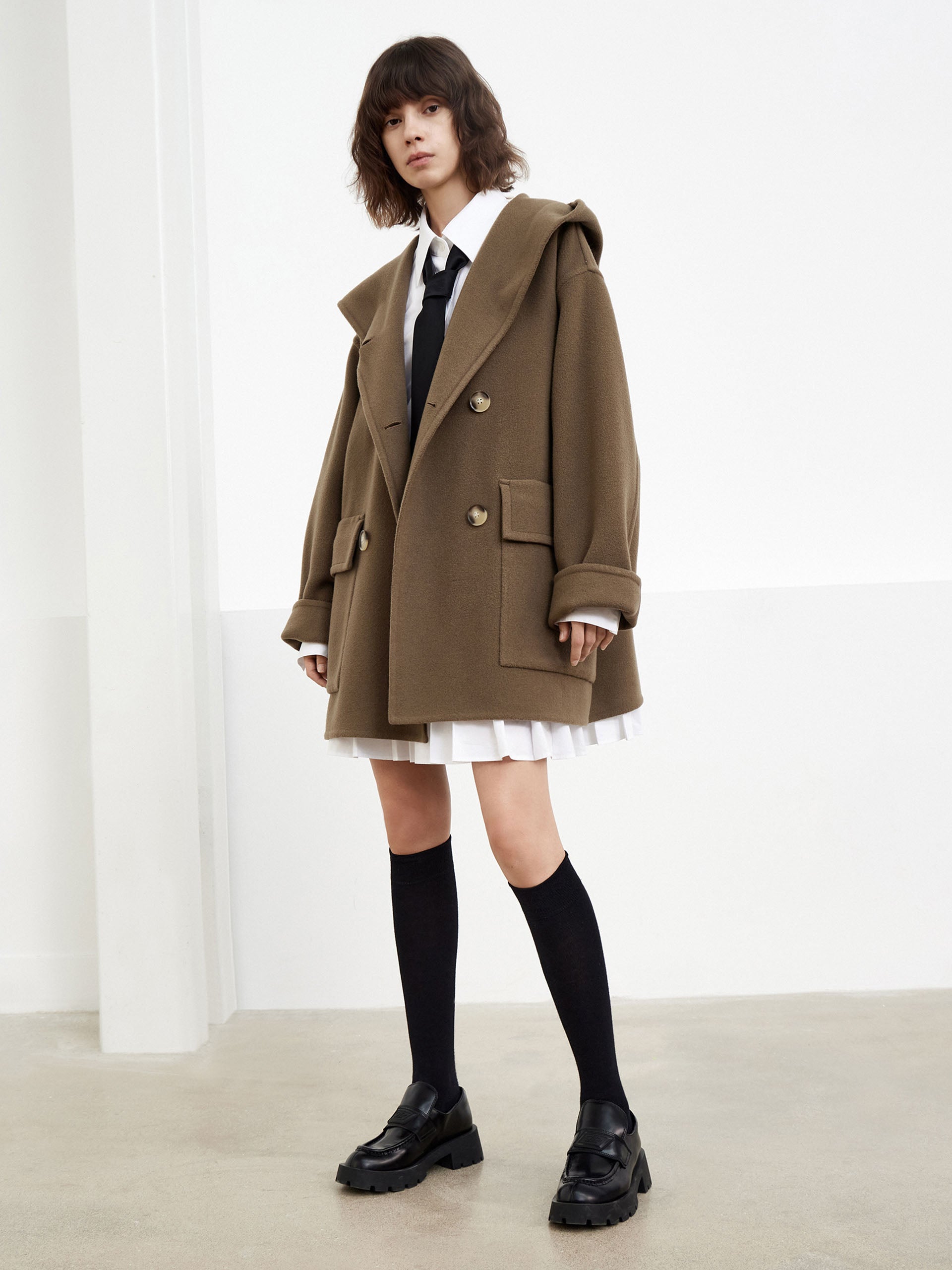 MO&Co. Women's Wool Blend Hooded Midi Coat in Olive