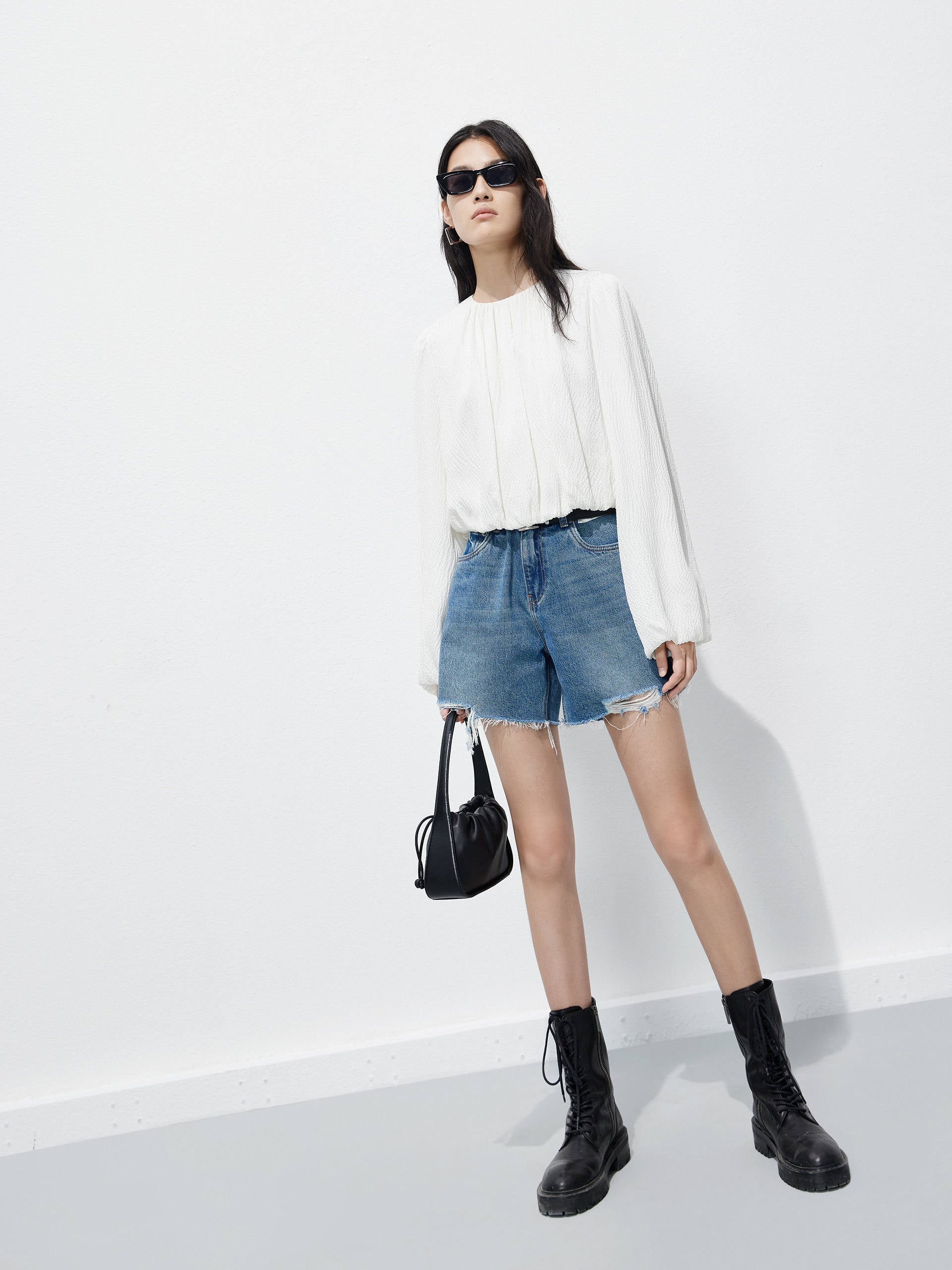 Silk-blend Texture Crop White Volume Sleeves Top
