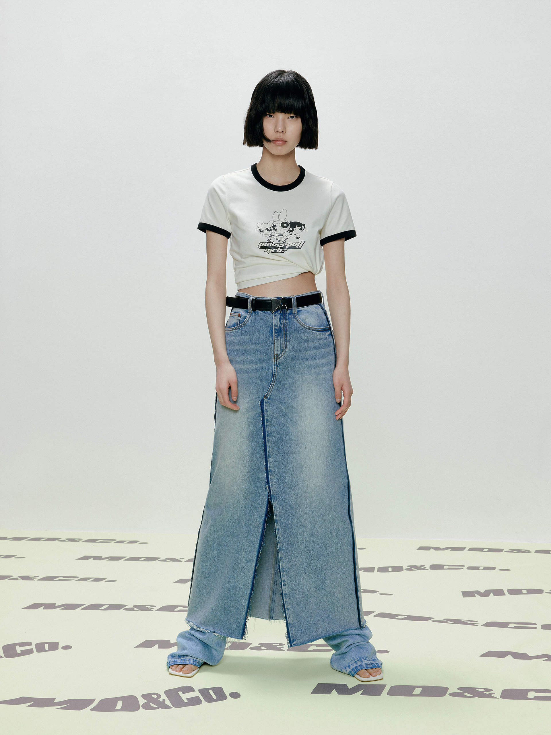 MO&Co. Women's Two-toned Seams Detail Slit Front Maxi Denim Skirt