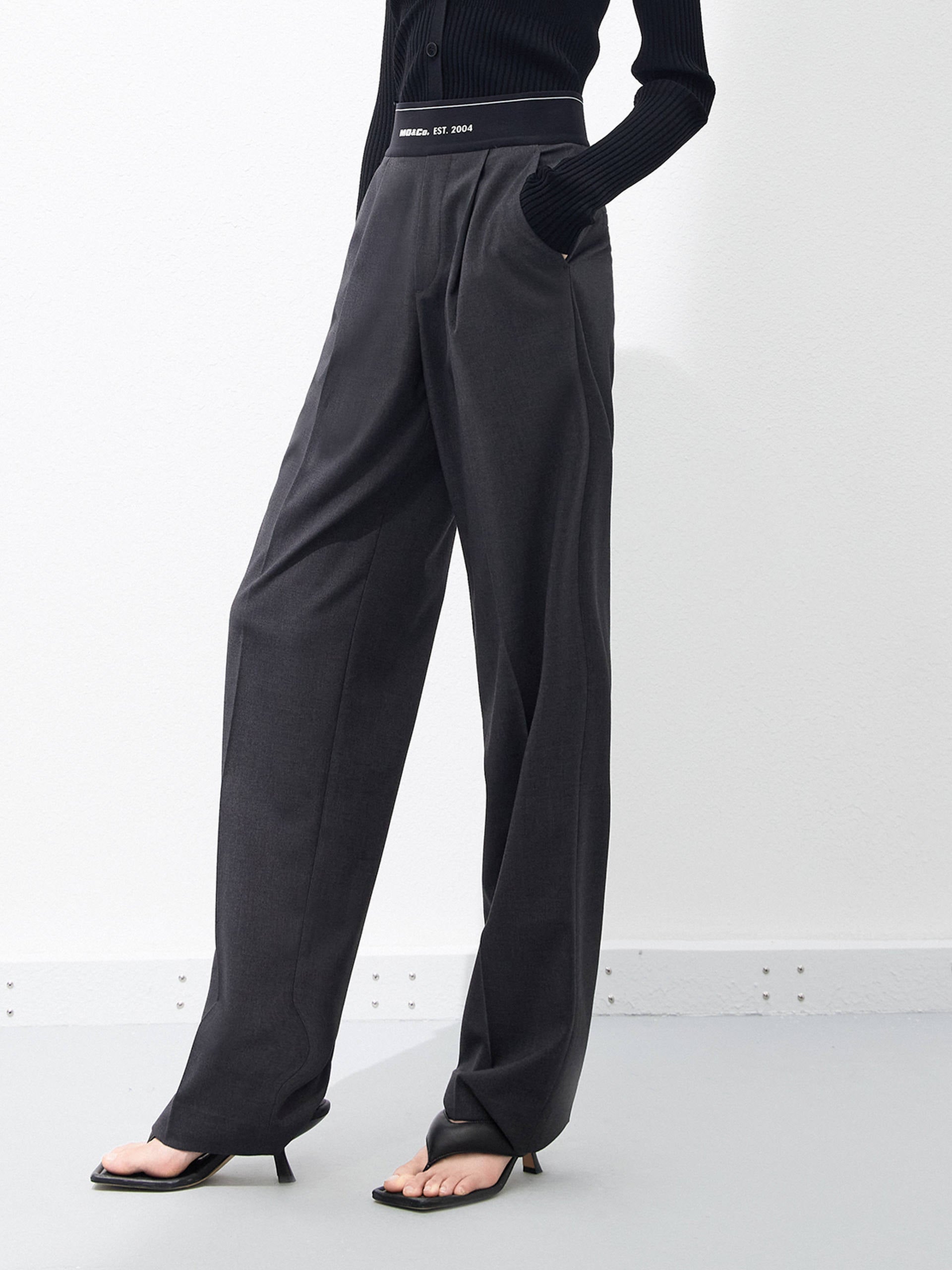 Elasticated Waist Wide-leg Straight Trousers in Grey