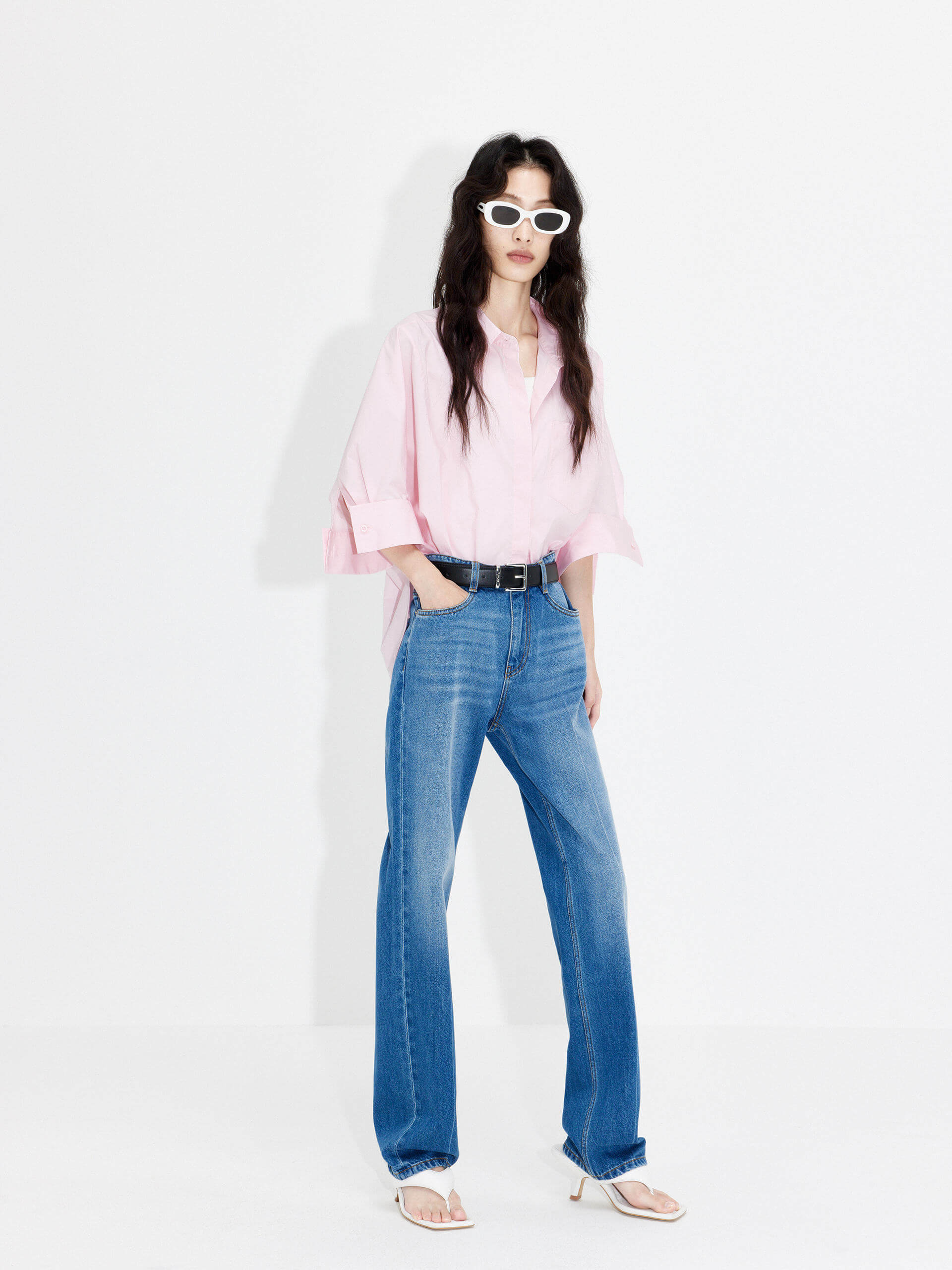 MO&Co. Women's Loose-fit Cotton Blend 3/4 Sleeves Shirt in Pink