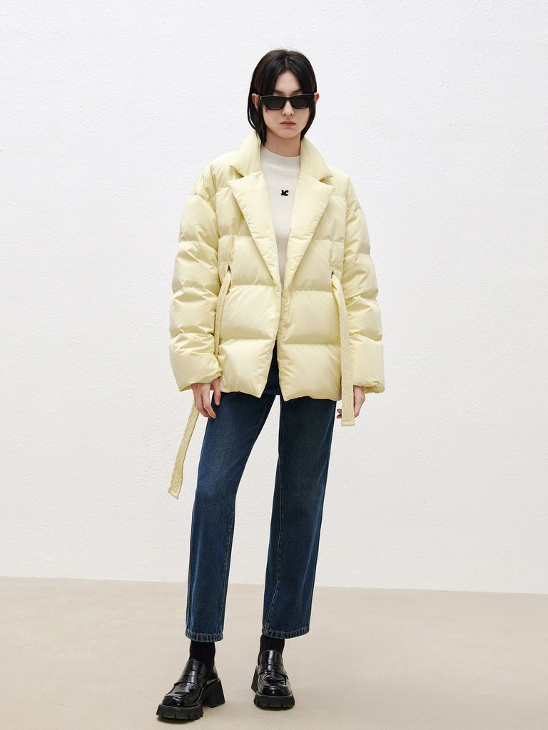 Yellow Lapel Collar Puffer Down Jacket with Belt