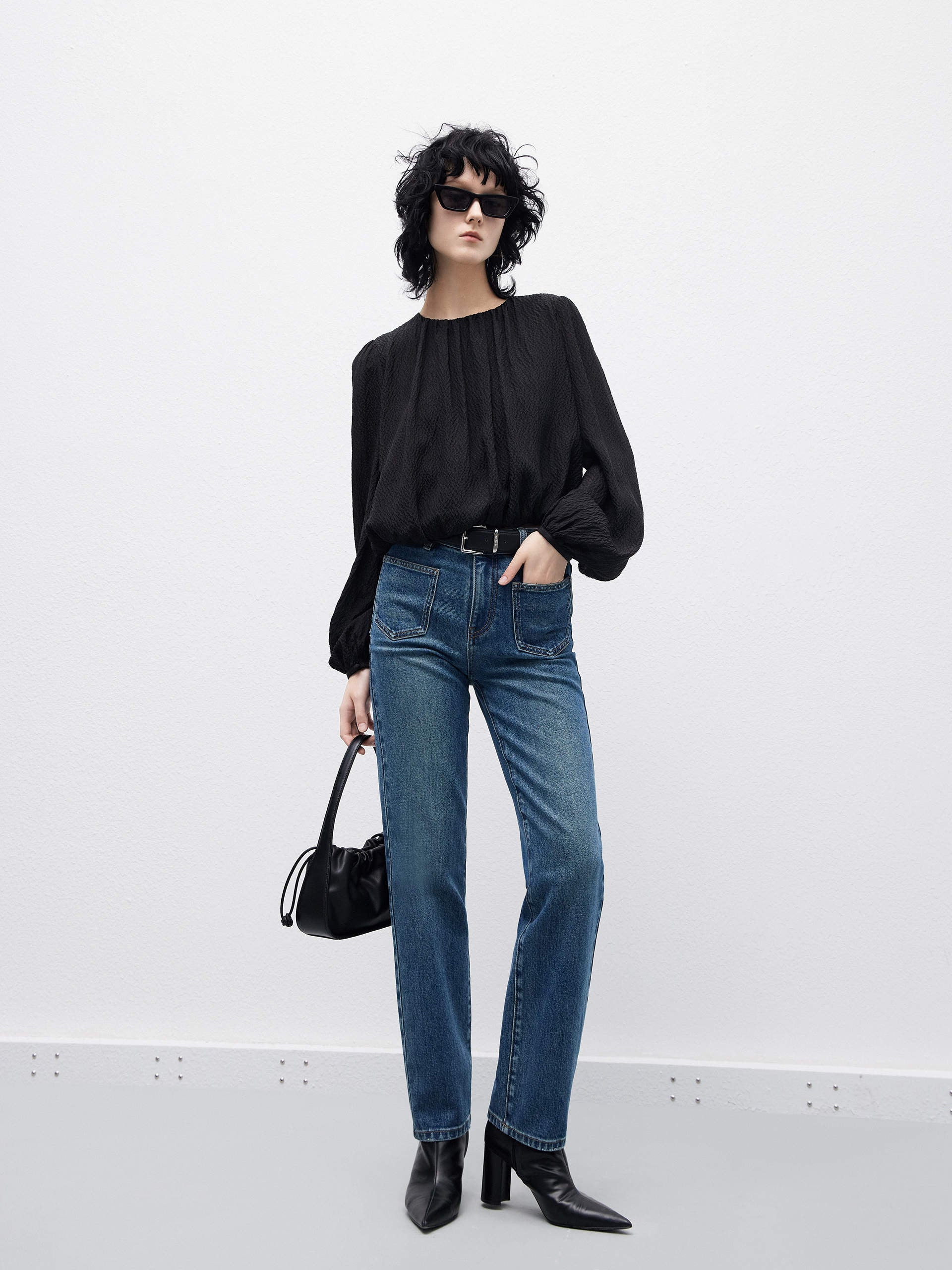 Silk-blend Texture Crop Black Volume Sleeves Top