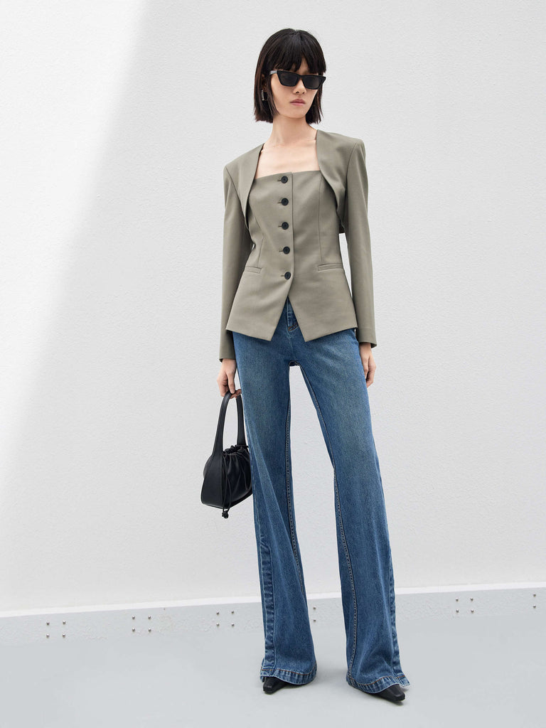 Two Piece Set Olive Slim Fit Blazer and Cami Top