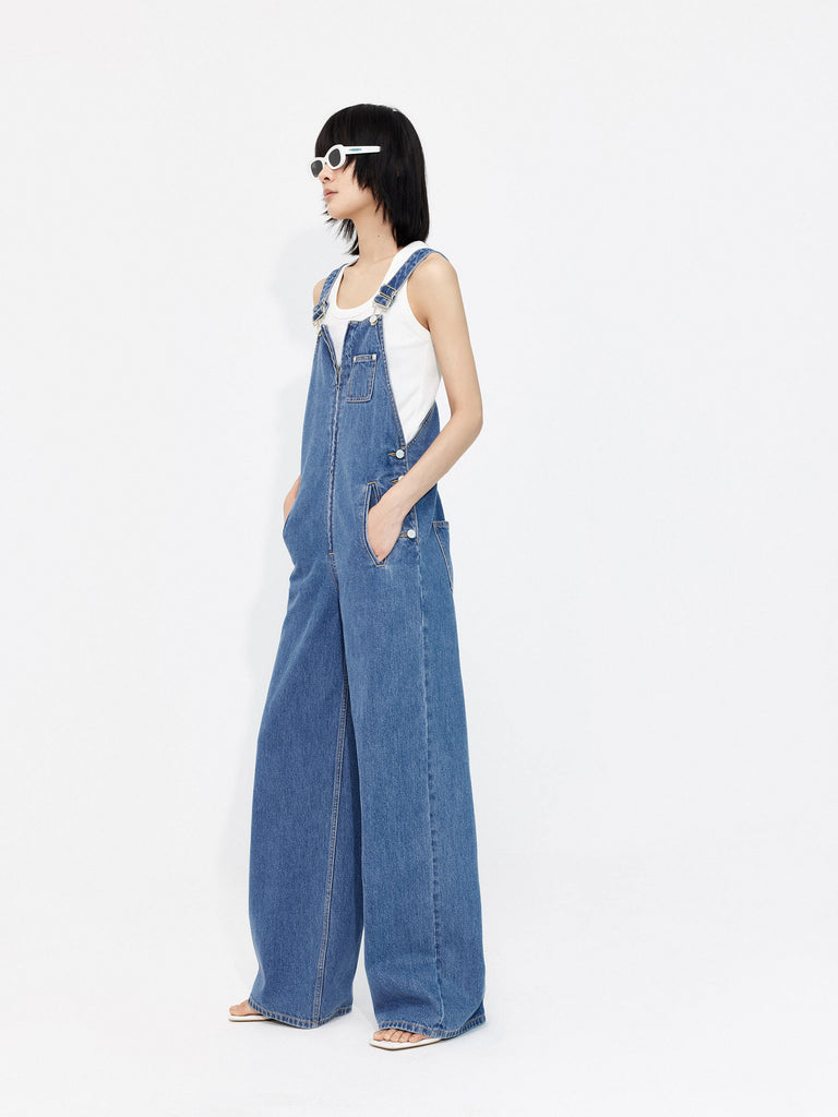 MO&Co. Women's Zipper Front Casual Streetwear Blue Denim Jumpsuit