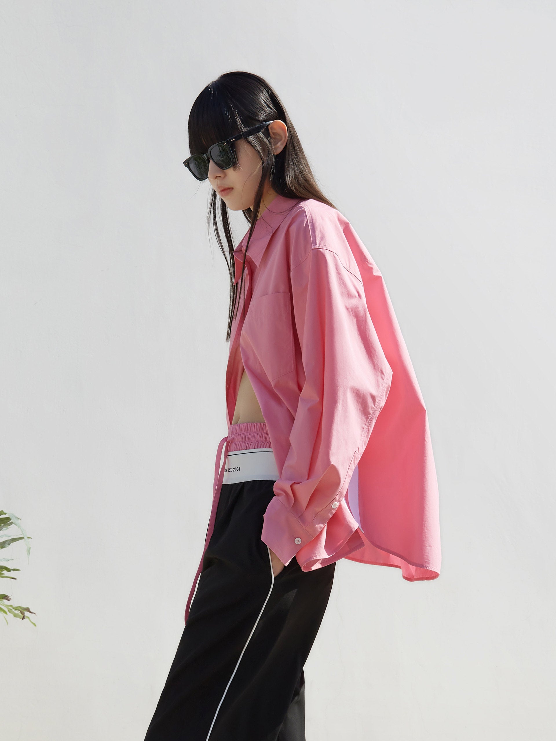 Contrast Trim Cotton Oversized Shirt in Pink